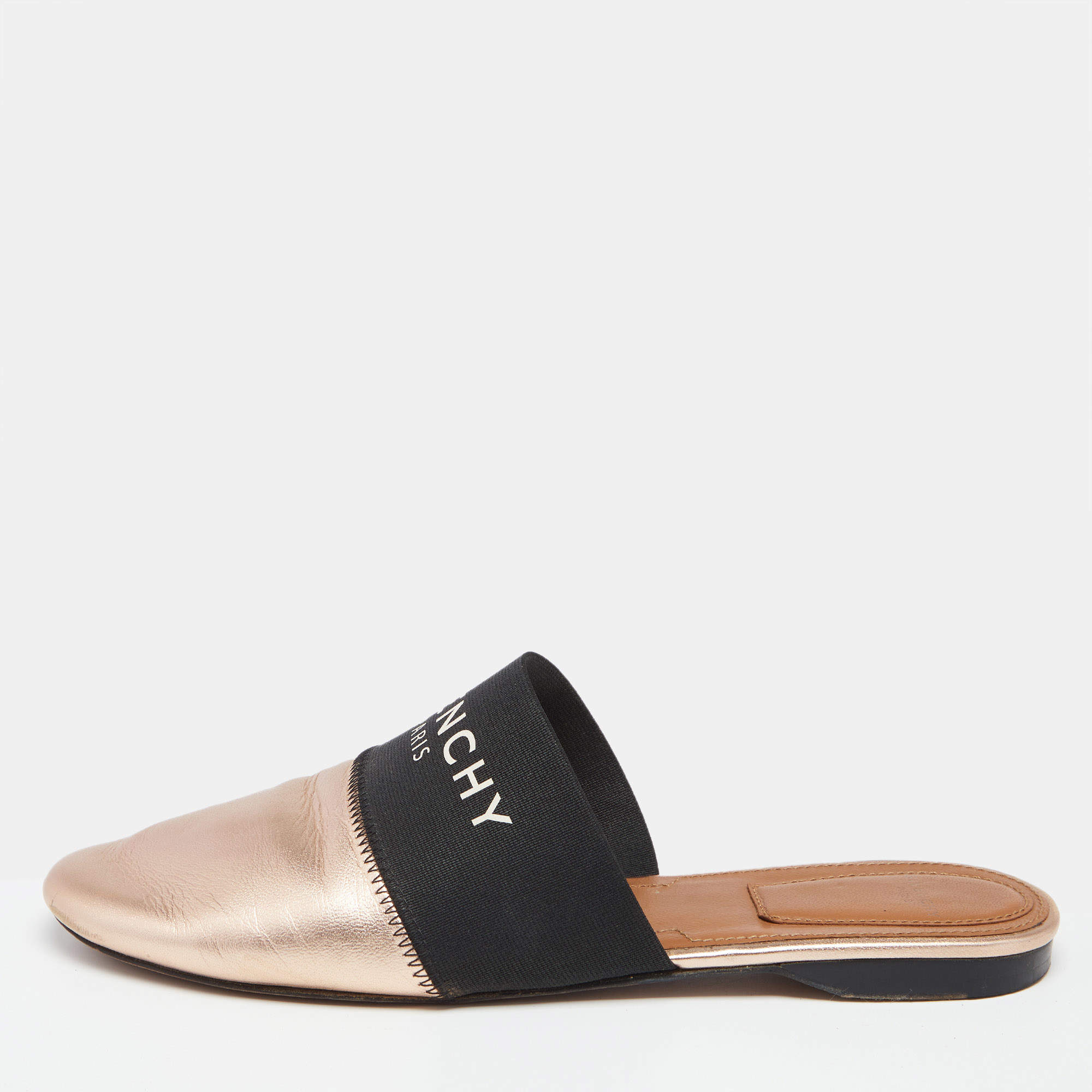Pre Owned Givenchy Rose Gold Leather Logo Mules Size 36