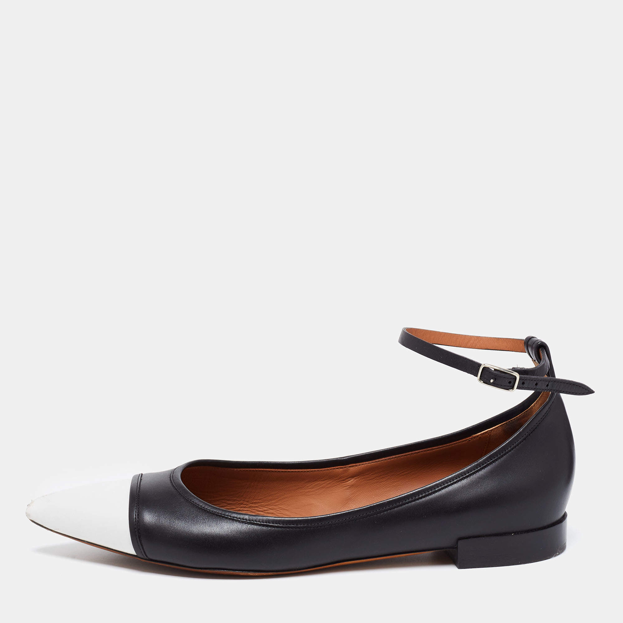 Pre Owned Givenchy Black/White Leather Cap Toe Ankle-Strap Ballet Flats Size 41.5 