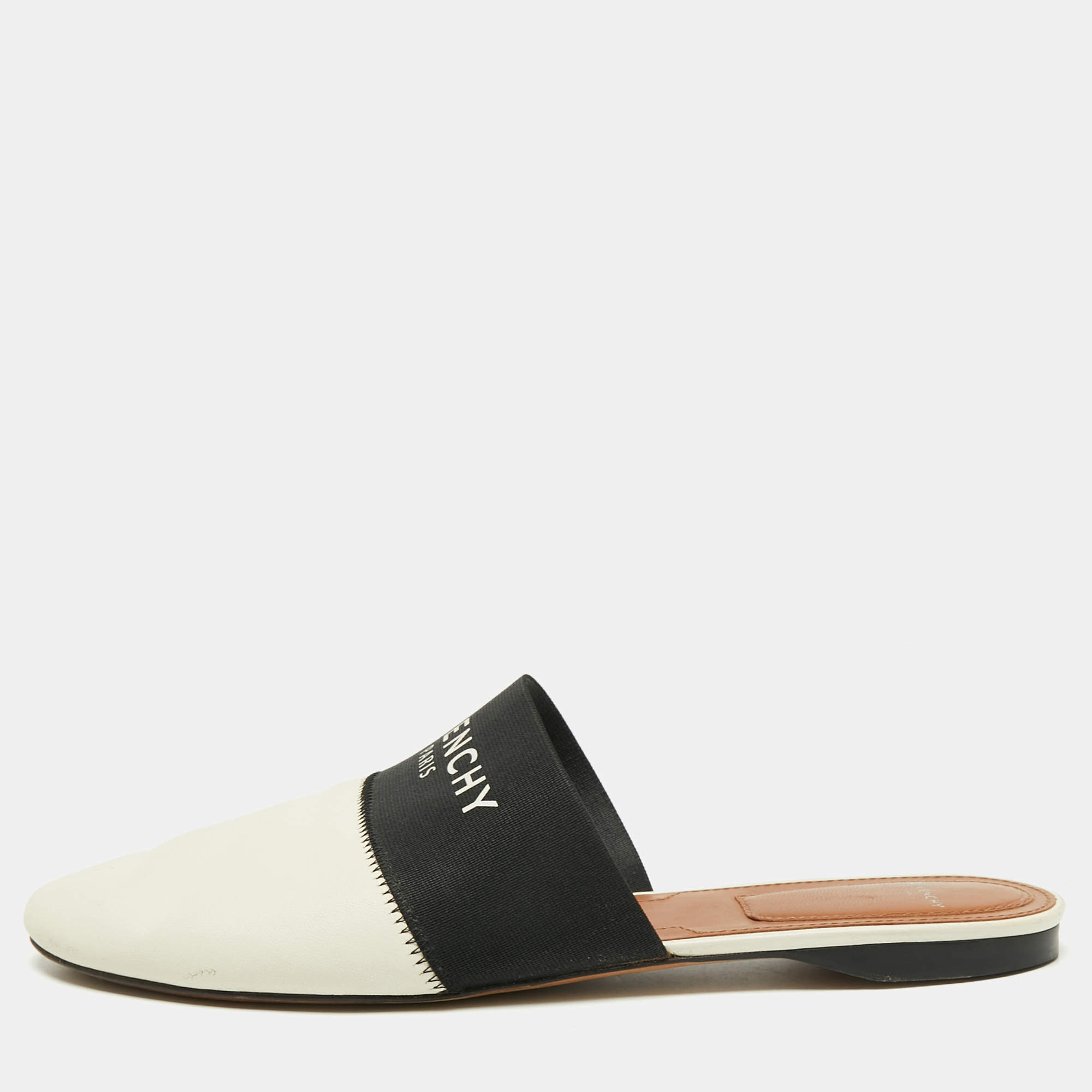 Pre Owned Givenchy White Leather And Logo Strecth Band Bedford Flat Mules Size 39