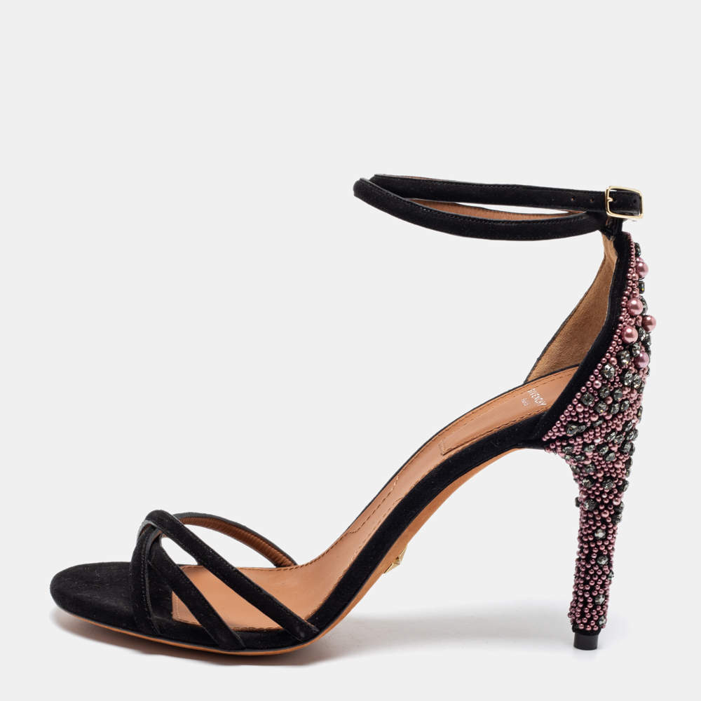 مملوكة مسبقًا Givenchy Black Suede Crystal Embellished Ankle Strap Sandals Size 37.5