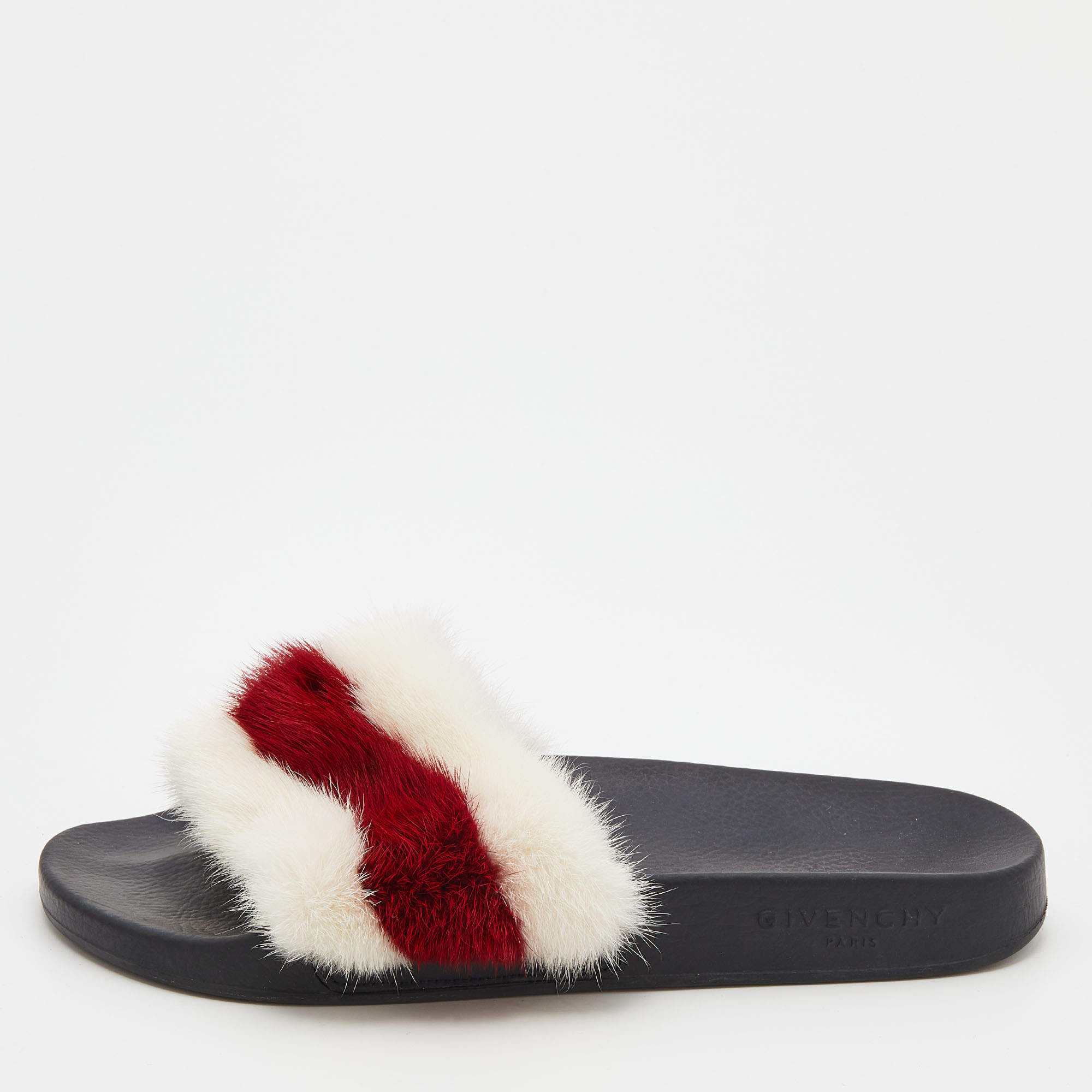 Givenchy White/Red Mink Fur Striped Flat Slides Size 38