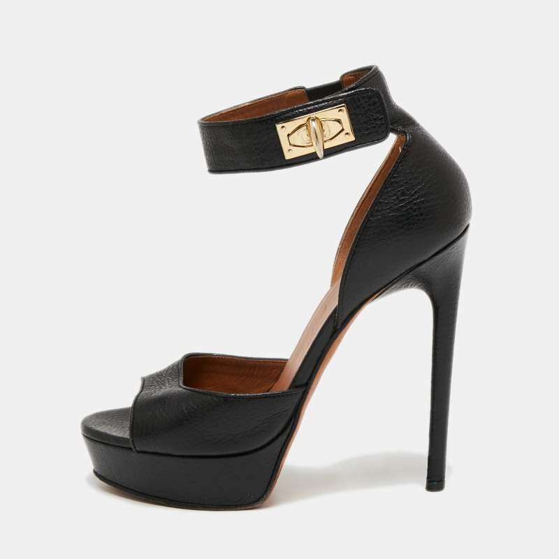 Givenchy Black Leather Shark Lock Ankle Strap Sandals Size 37 