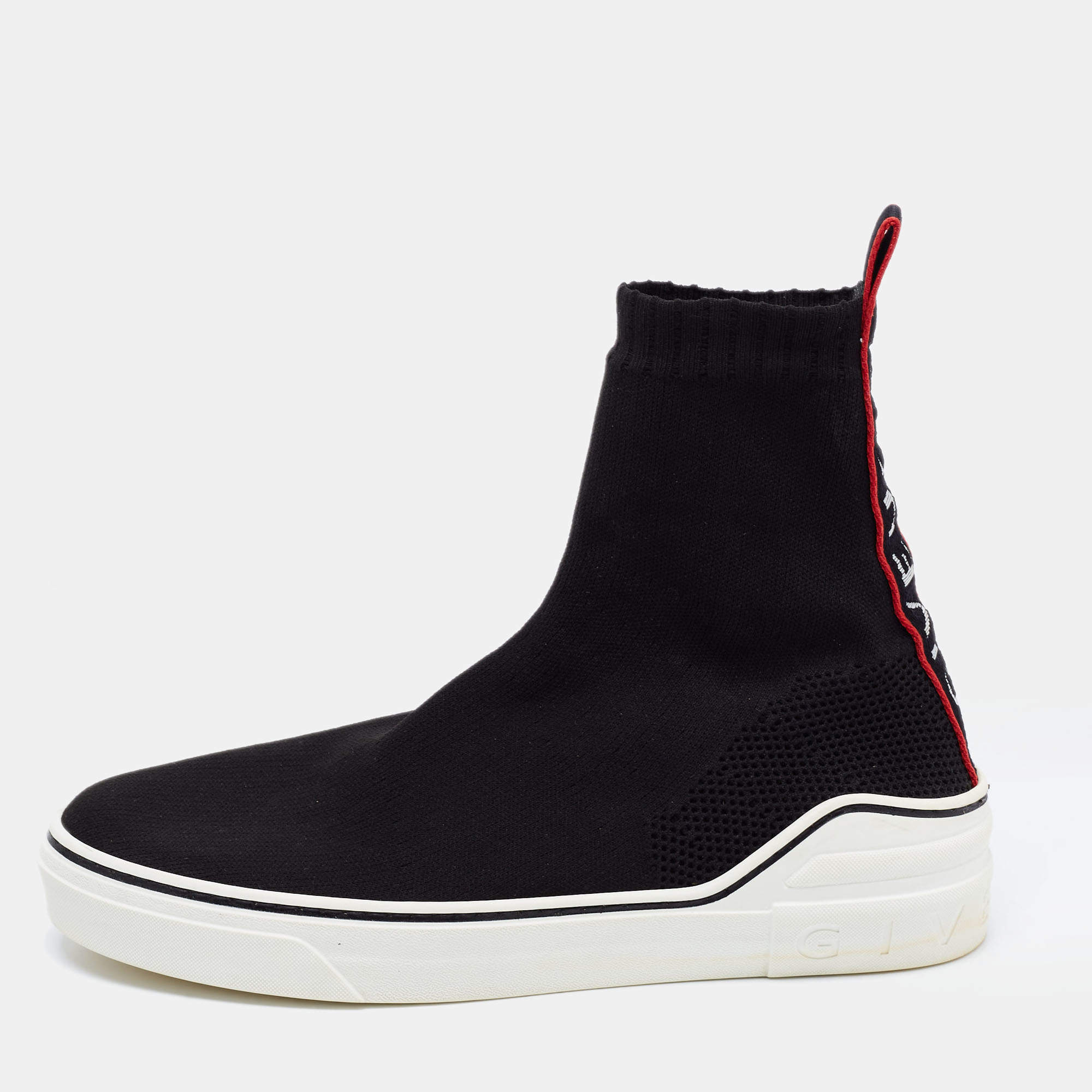 Pre Owned Givenchy Black Knit Fabric Slip on Logo Sneakers Size 41.5