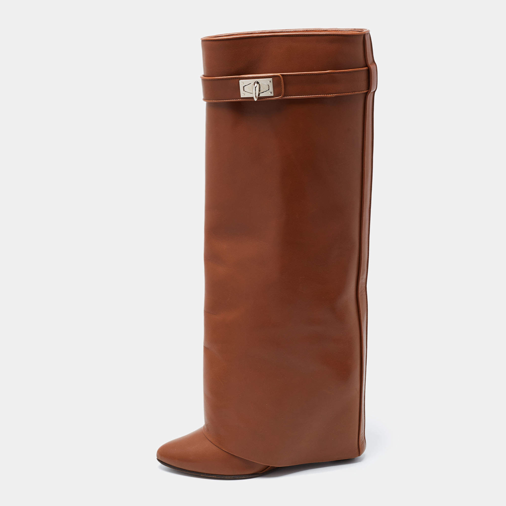Pre Owned Givenchy Brown Leather Knee Length Boots Size 38.5