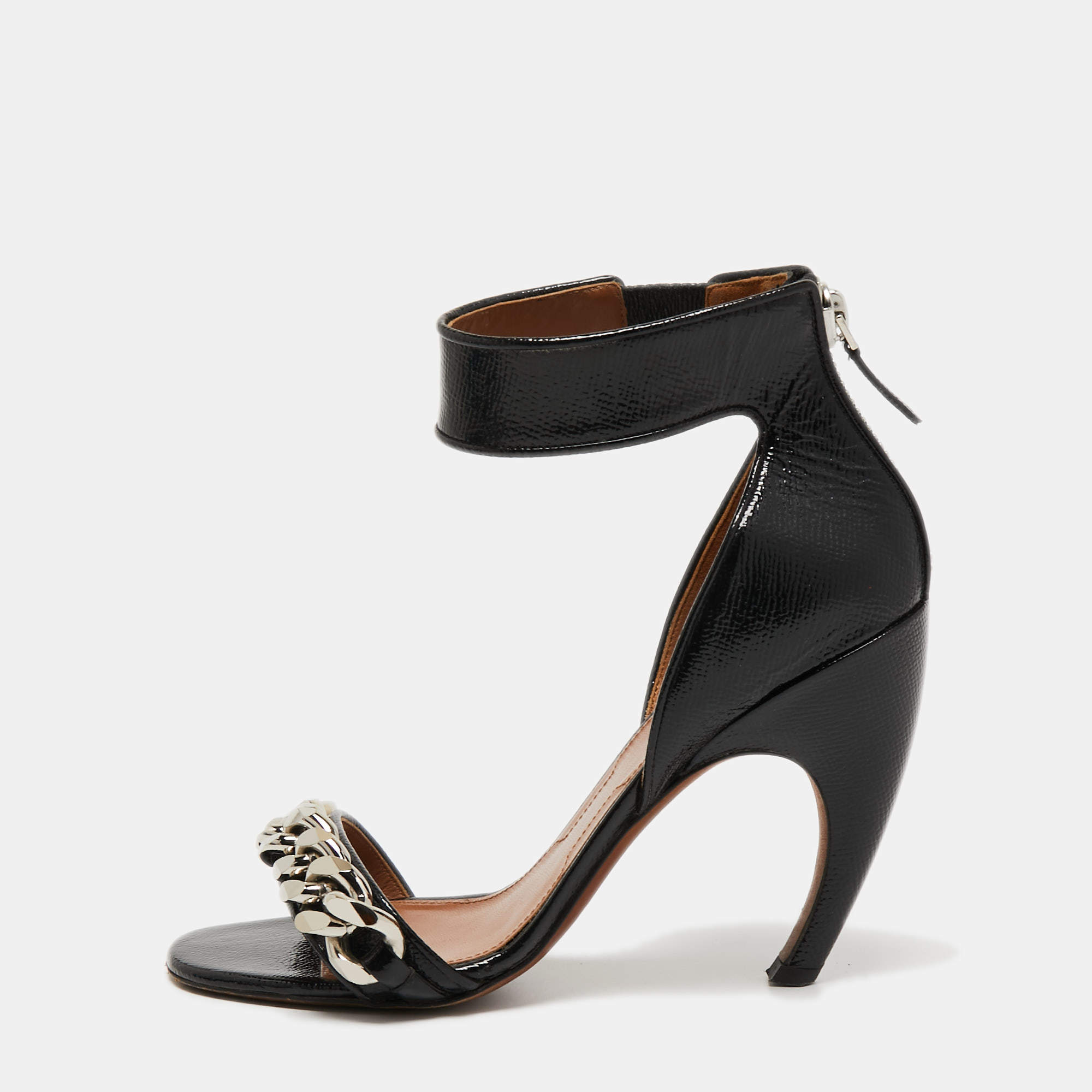 Givenchy Black Leather Chain Embellished Ankle Strap Sandals Size 37.5