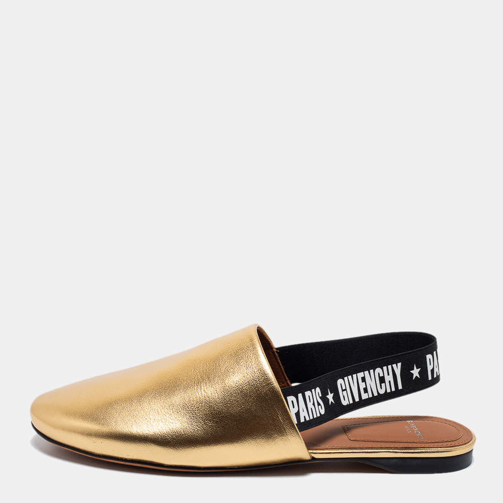 Pre Owned Givenchy Gold Leather Rivington Logo Slingback Flat Mules Size 37