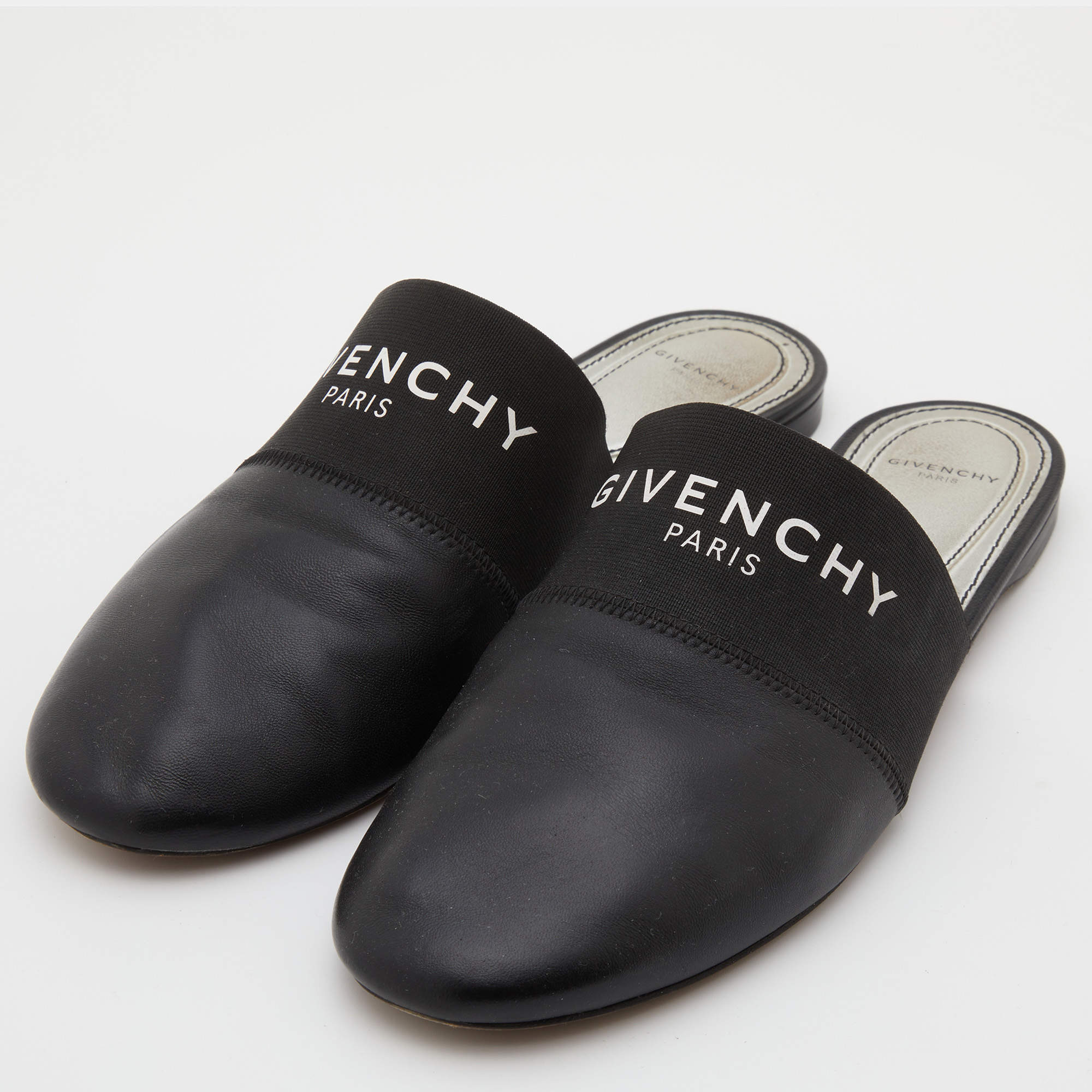 Givenchy Black Leather and Stretch Band Bedford Flat Mules Size 39