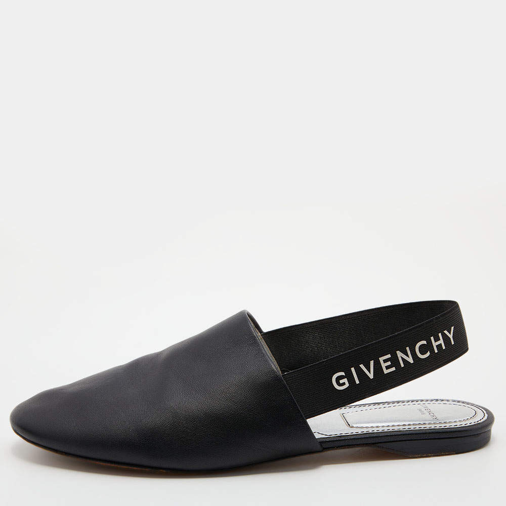 Pre Owned Givenchy Black Leather Rivington Logo Slingback Flats Size 39