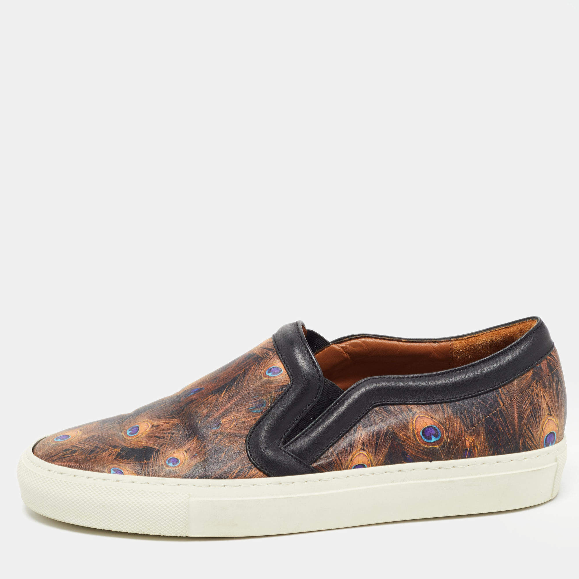 Pre Owned Givenchy Brown/Black Leather and Canvas Peacock Slip On Sneakers Size 37