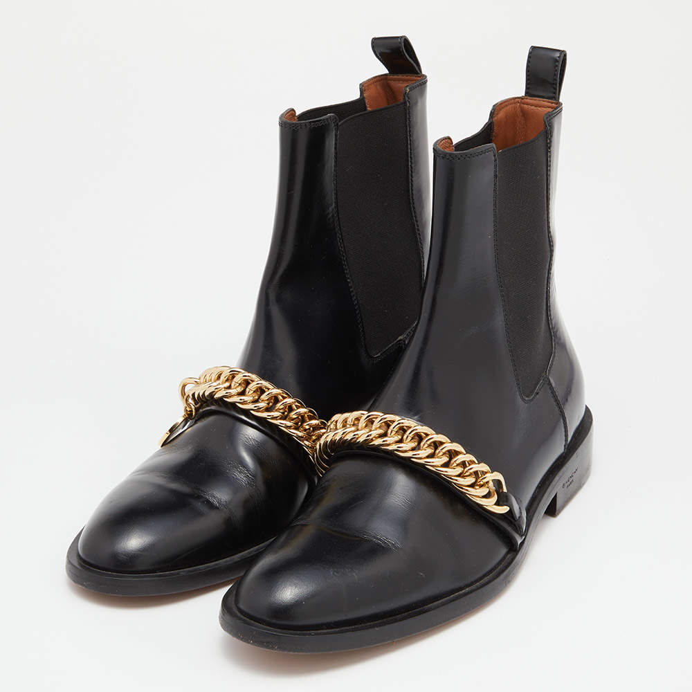 Givenchy Black Leather Chain Detail Chelsea Boots Size 38