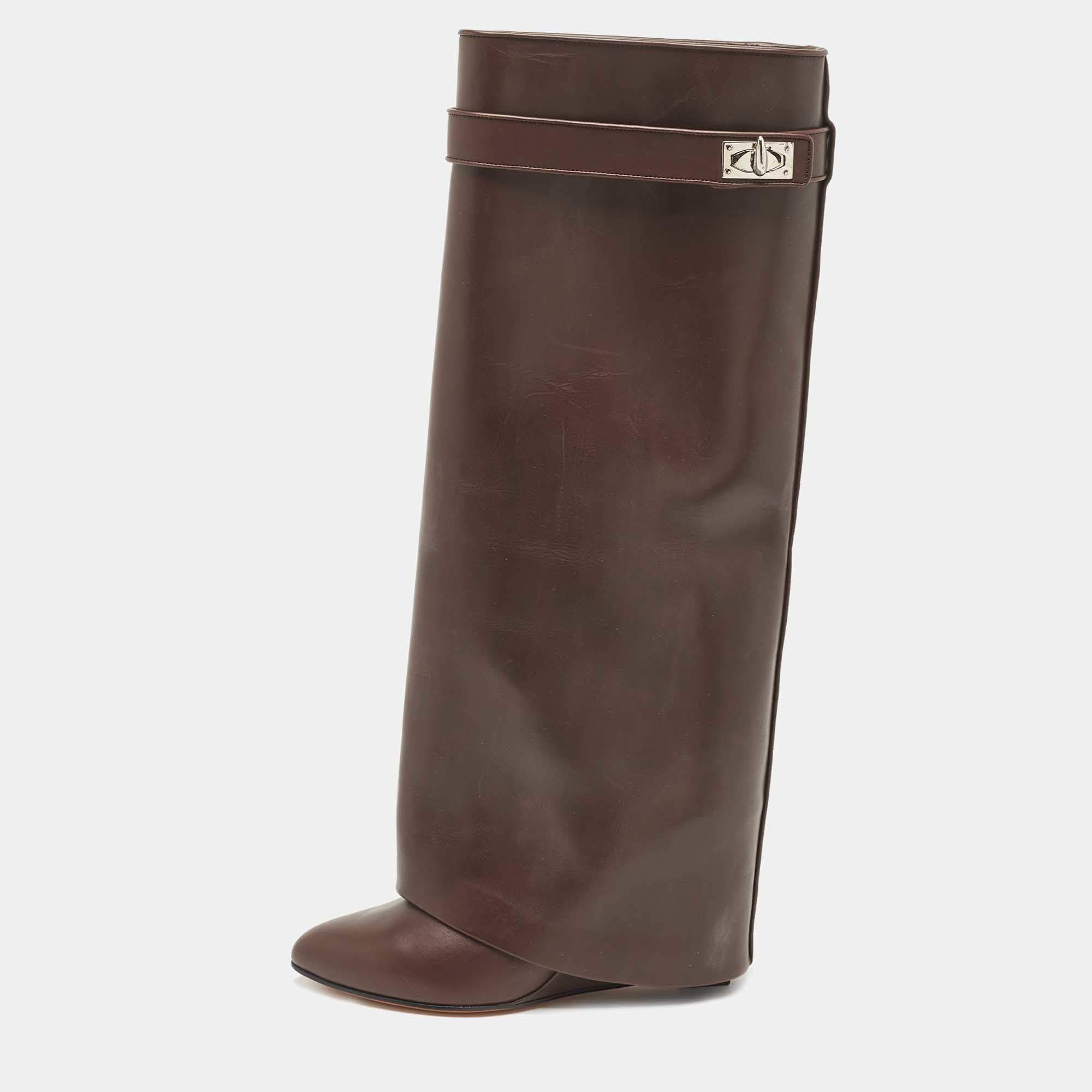 Pre Owned Givenchy Brown Leather Shark Lock Wedge Knee High Boots Size 39.5