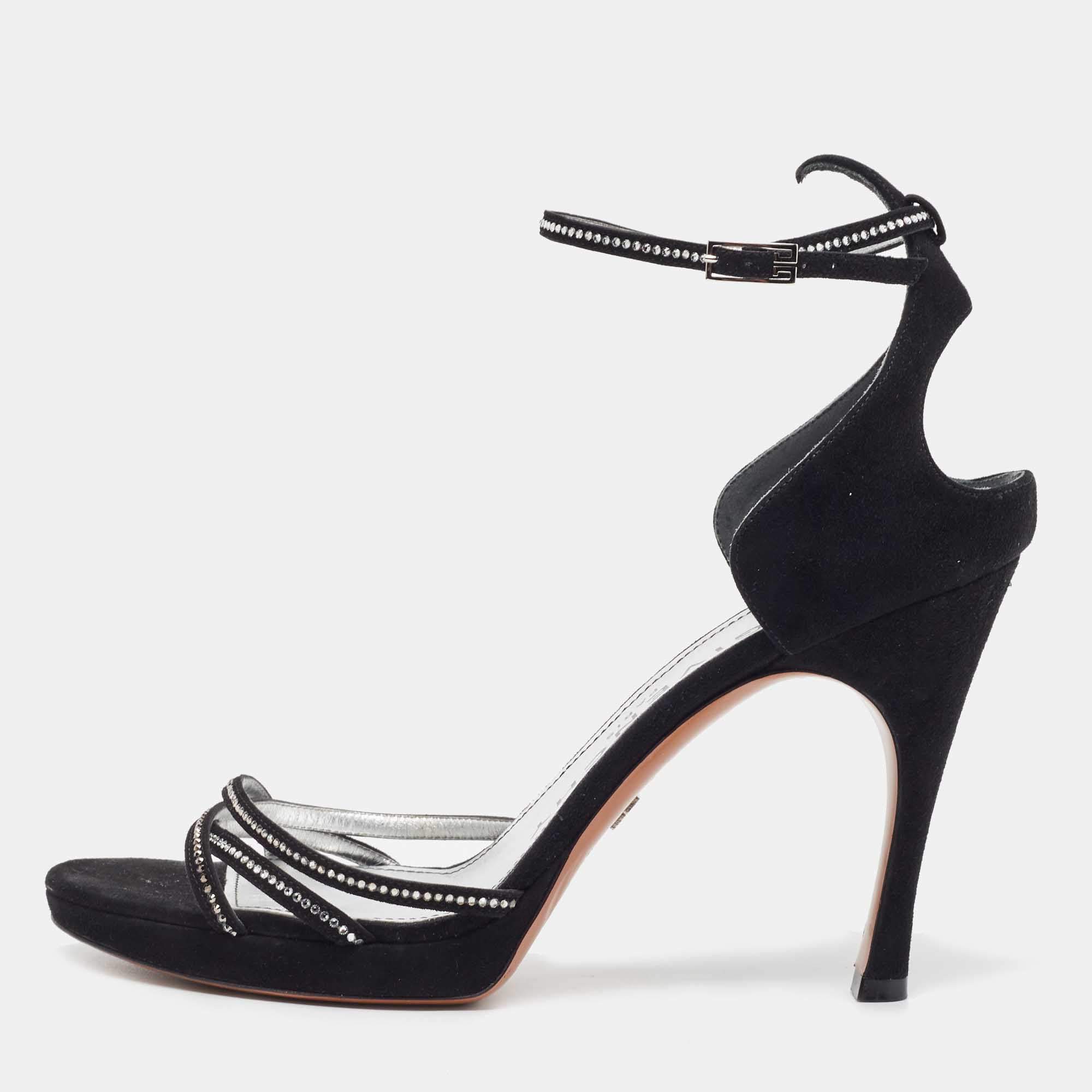 مملوكة مسبقًا Givenchy Black Suede Crystal Embellished Strappy Sandals Size 40
