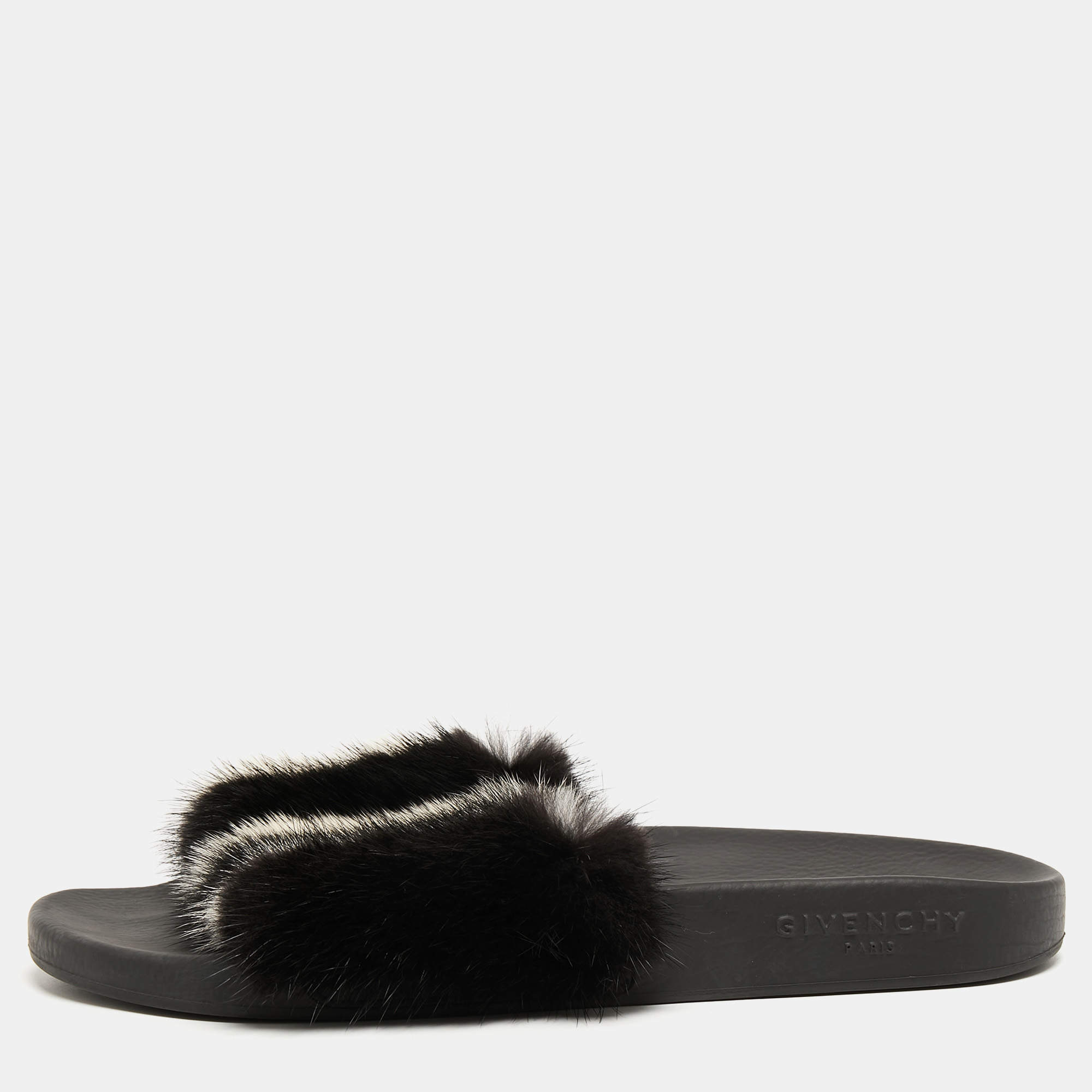 Givenchy Black/White Mink Fur Flat Slides Size 39