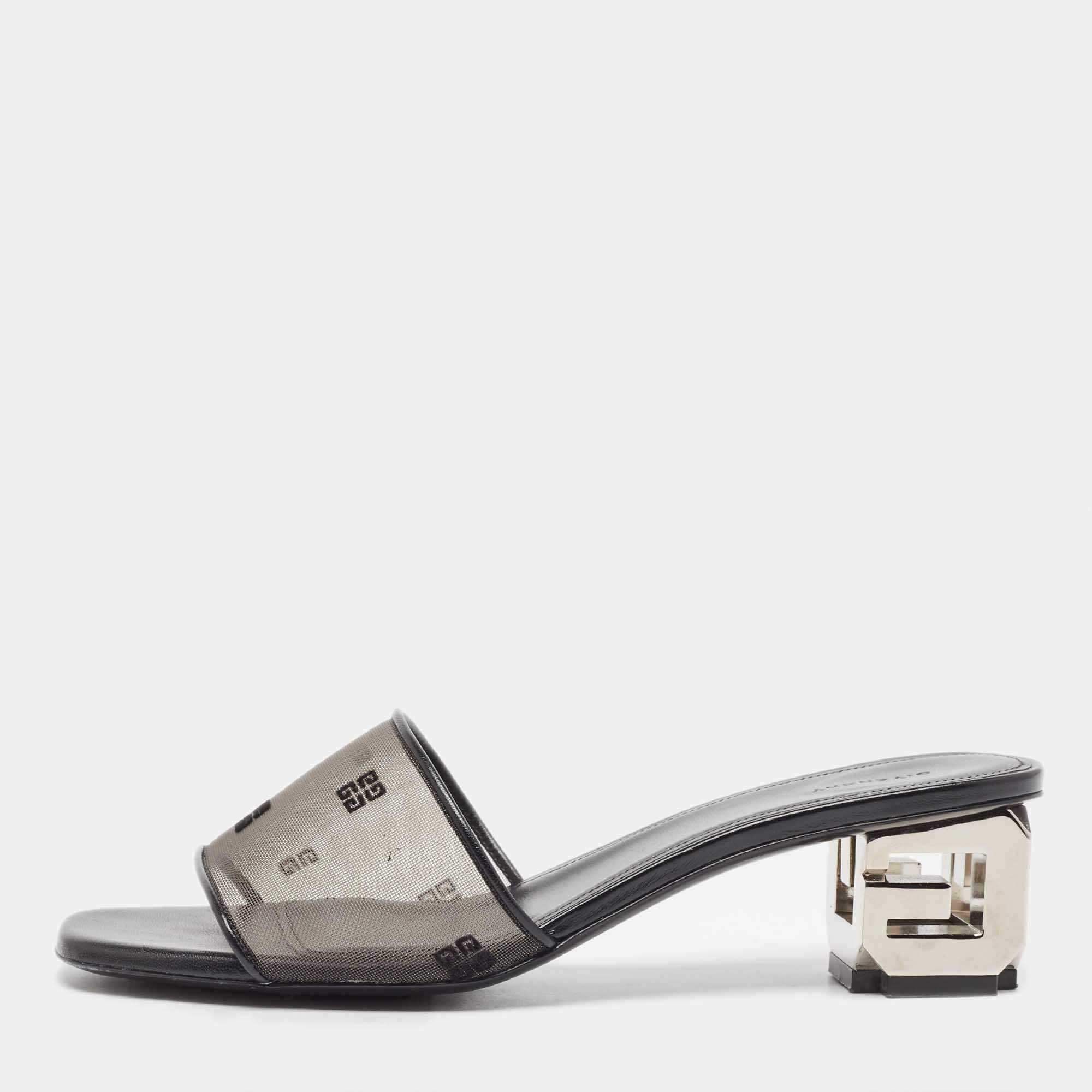 Givenchy Black Mesh and Leather Slides Size 38  