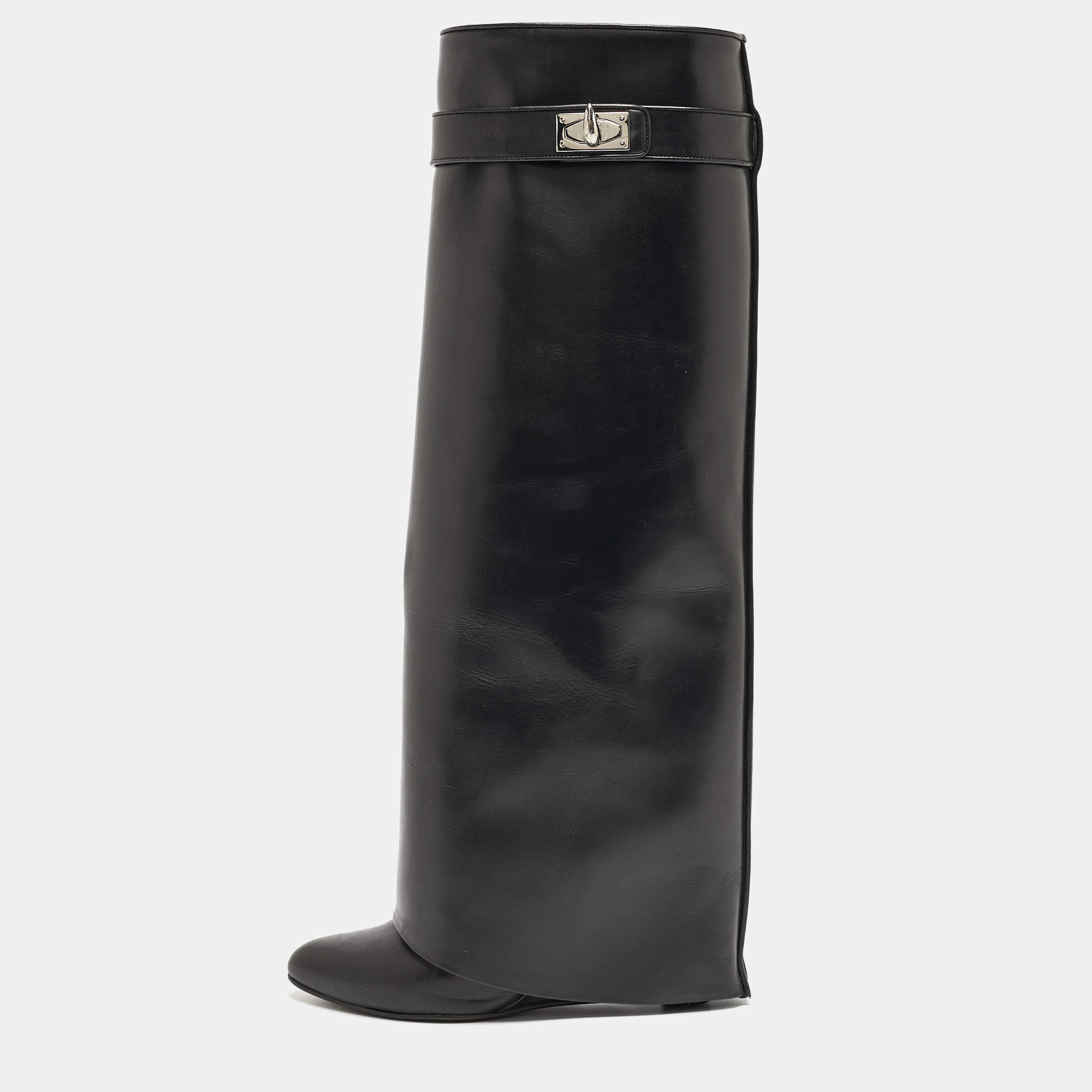 Givenchy Black Leather Shark Lock Knee Length Boots Size 36.5