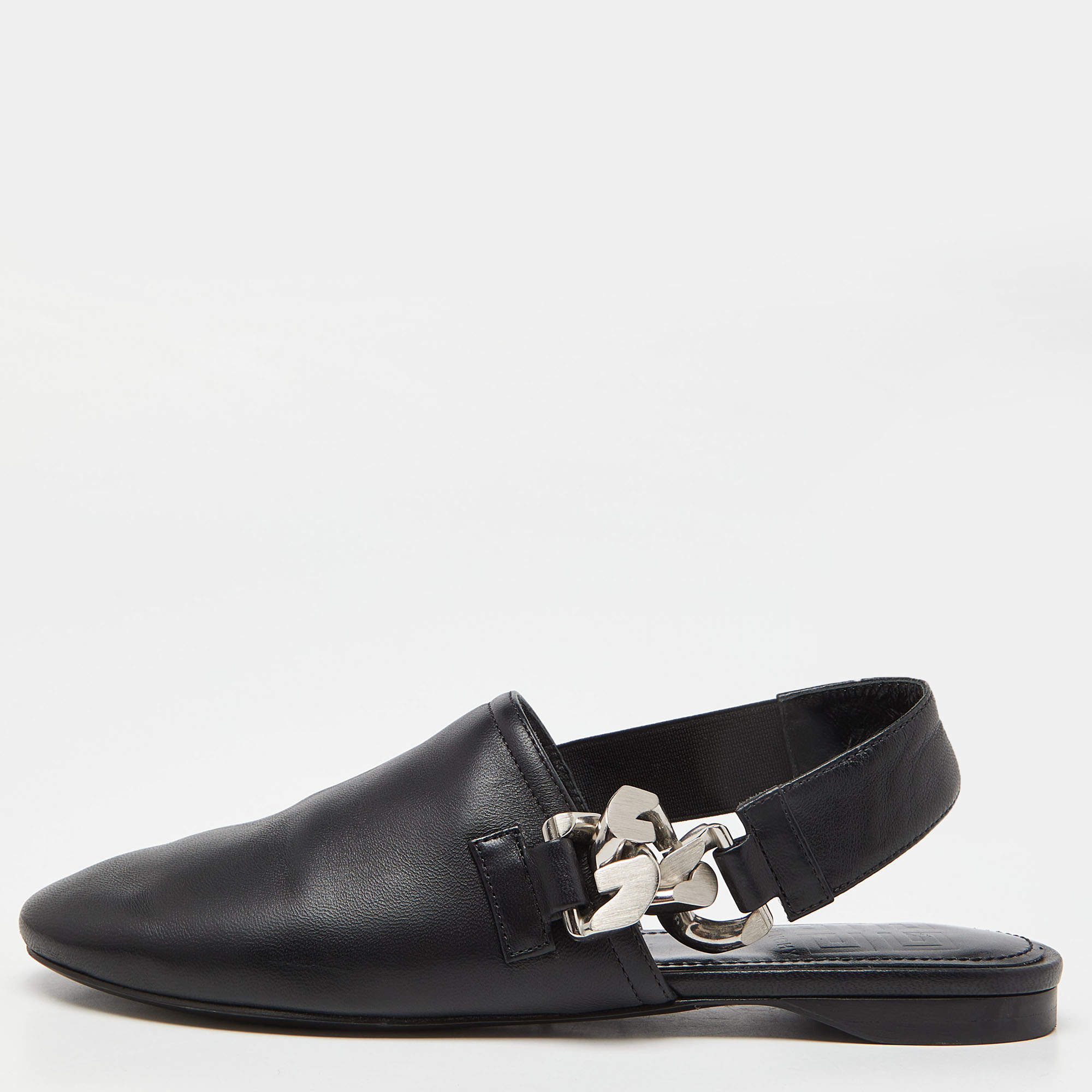 Givenchy Black Leather G-Chain Slingback Flat Mules Size 35