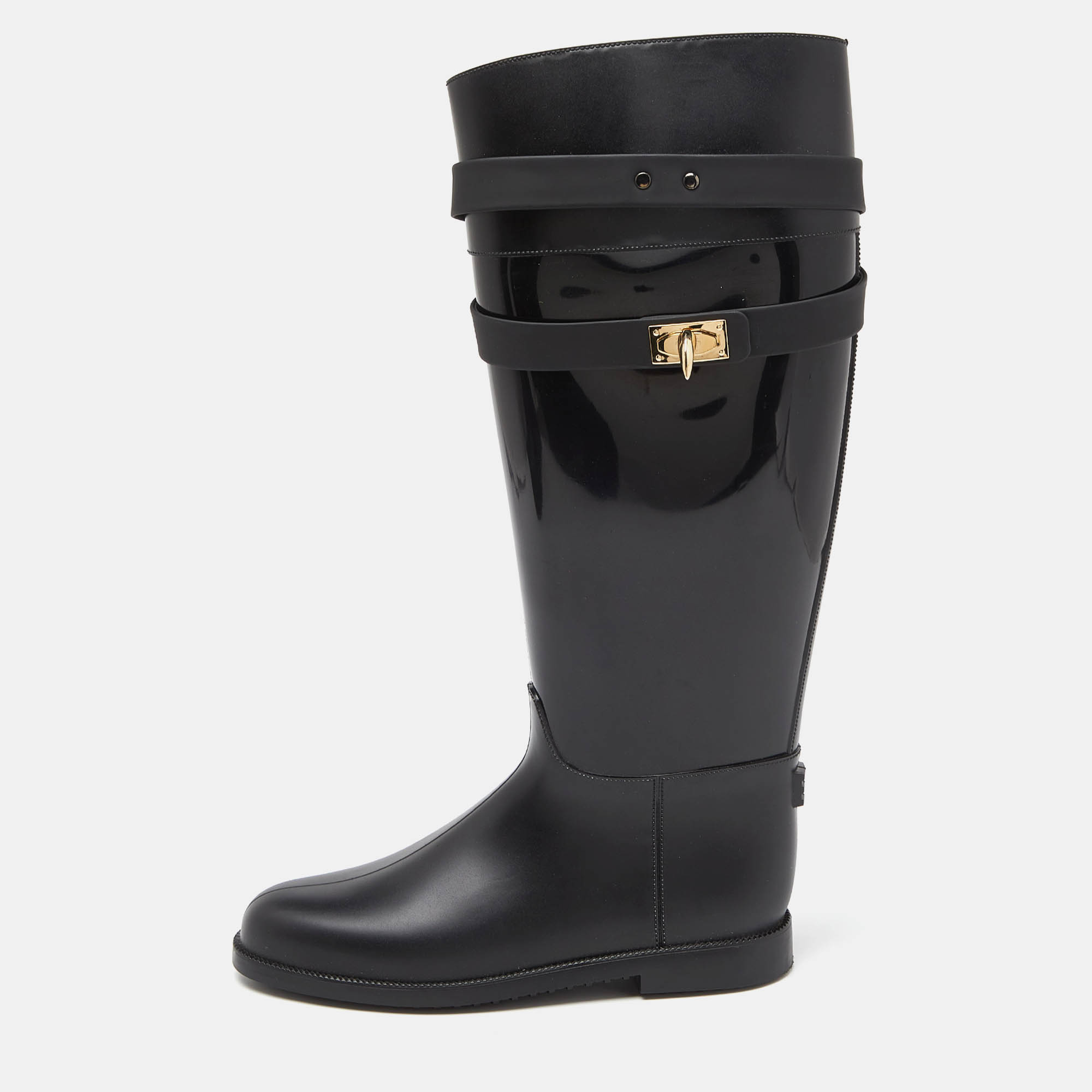 Pre Owned Givenchy Black Rubber Shark Lock Flat Knee Boots Size 39