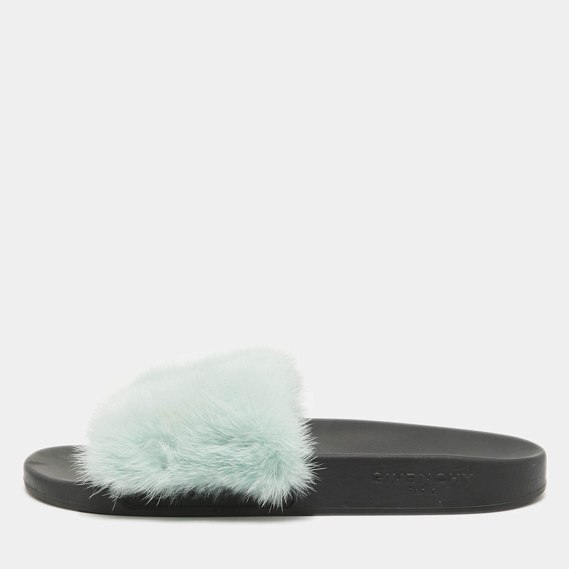 Givenchy Pastel Green Mink Fur Pool Slides Size 41