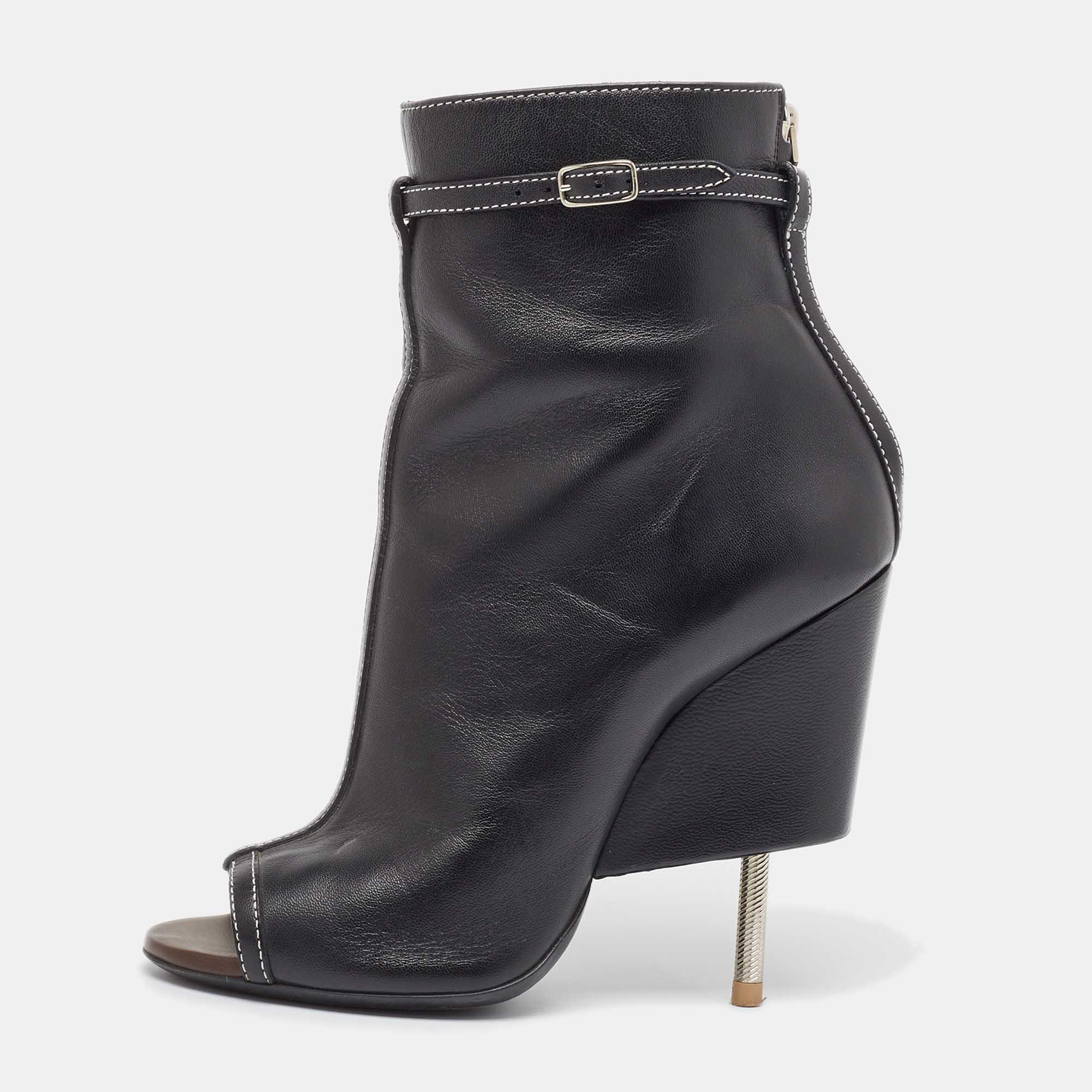 Givenchy Black Leather Screw Heel Peep Toe Boots  Size 39