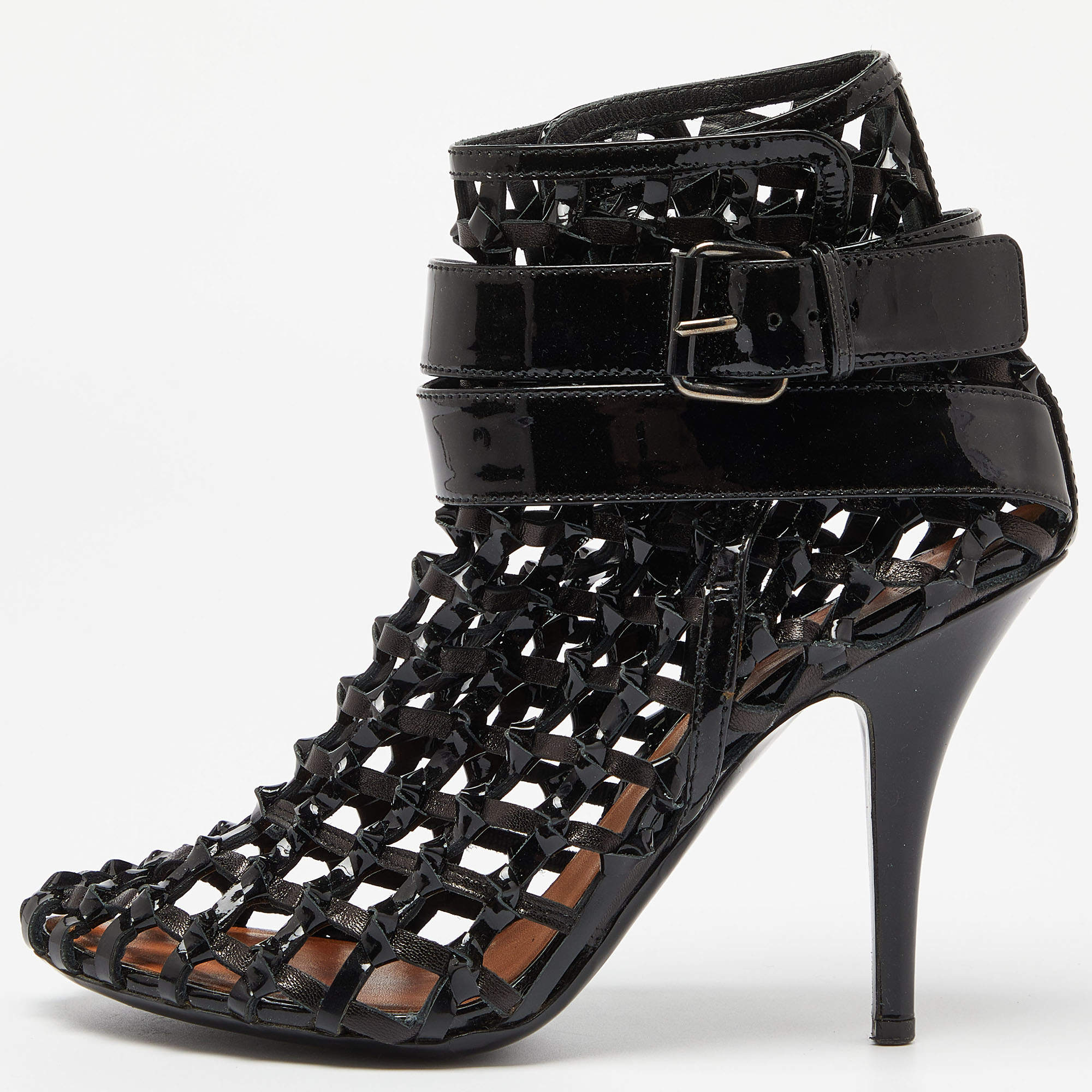 Givenchy Black  Woven Patent Leather Buckle Booties Size 40