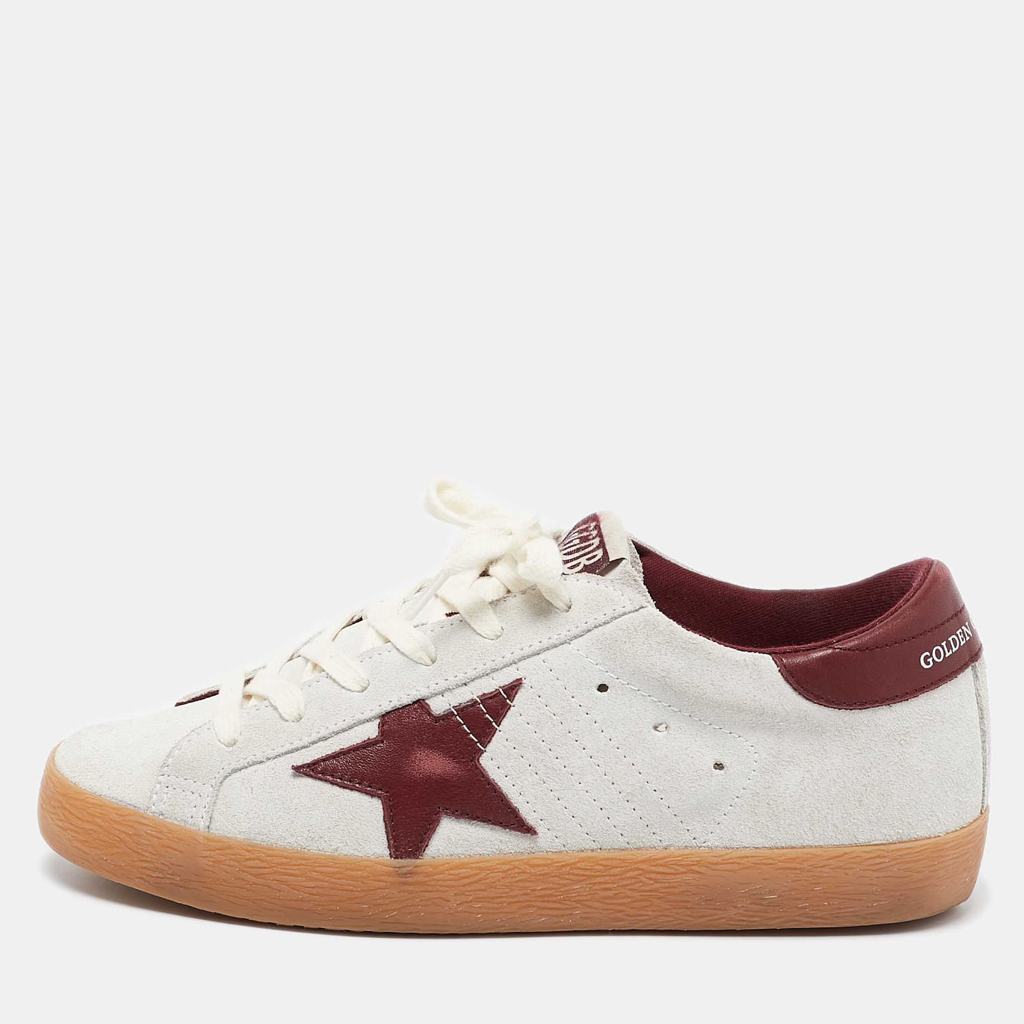 Pre Owned Golden Goose Silver/Burgundy Leather and Suede Superstar Lace Up Sneakers Size 36