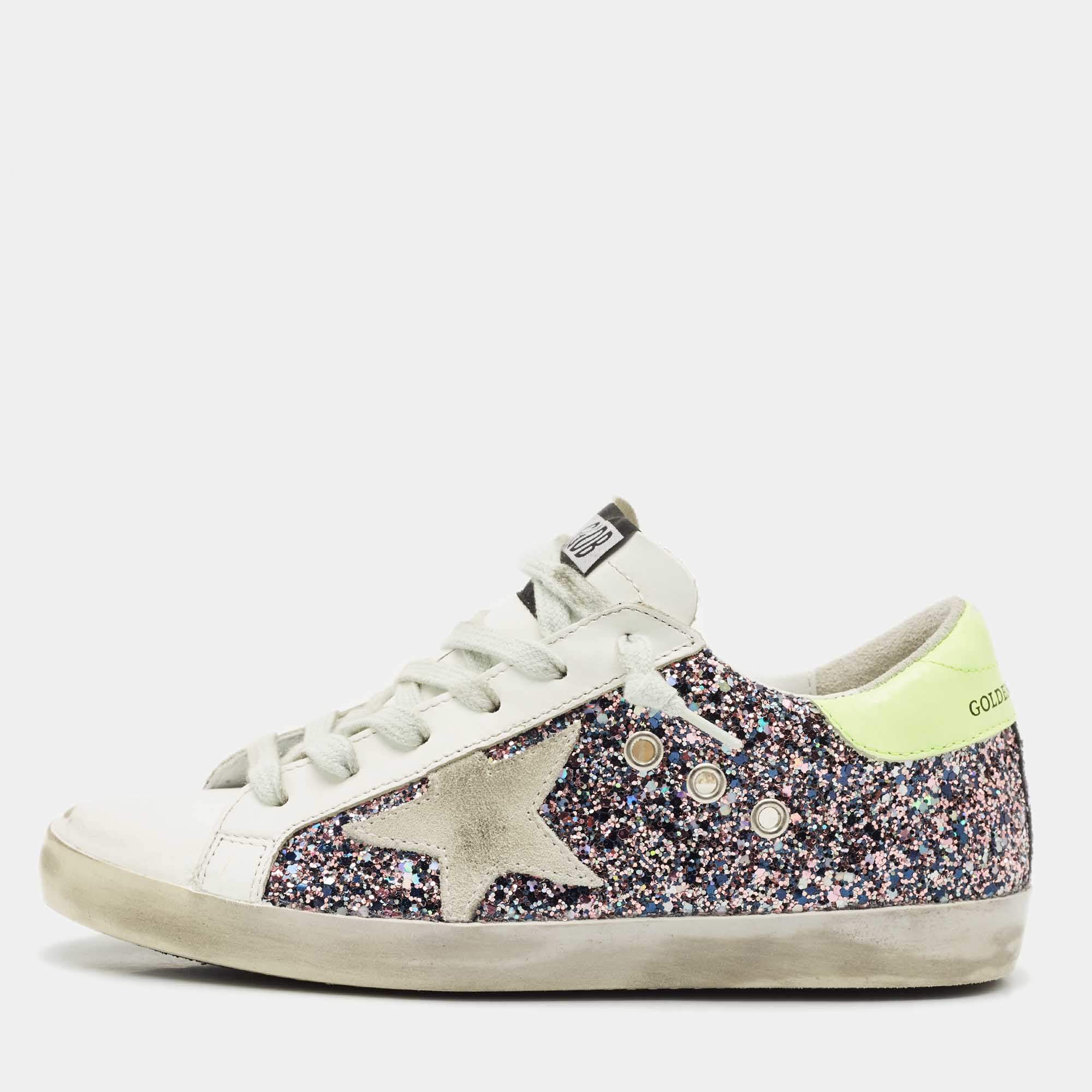 Pre Owned Golden Goose Multicolor Glitter and Leather Super Star Sneakers Size 36