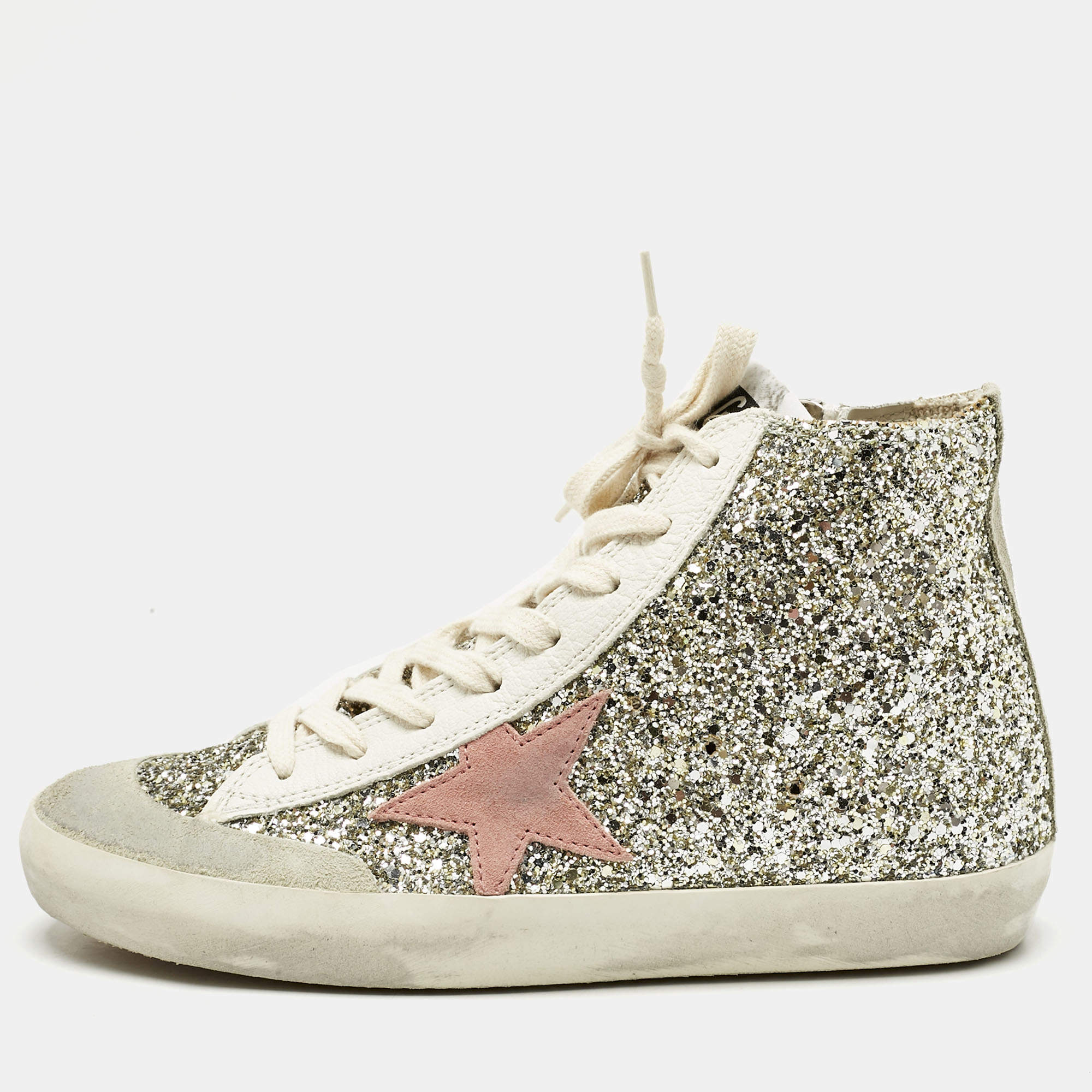 Pre Owned Golden Goose Silver/White Glitter and Leather Francy Sneakers Size 37