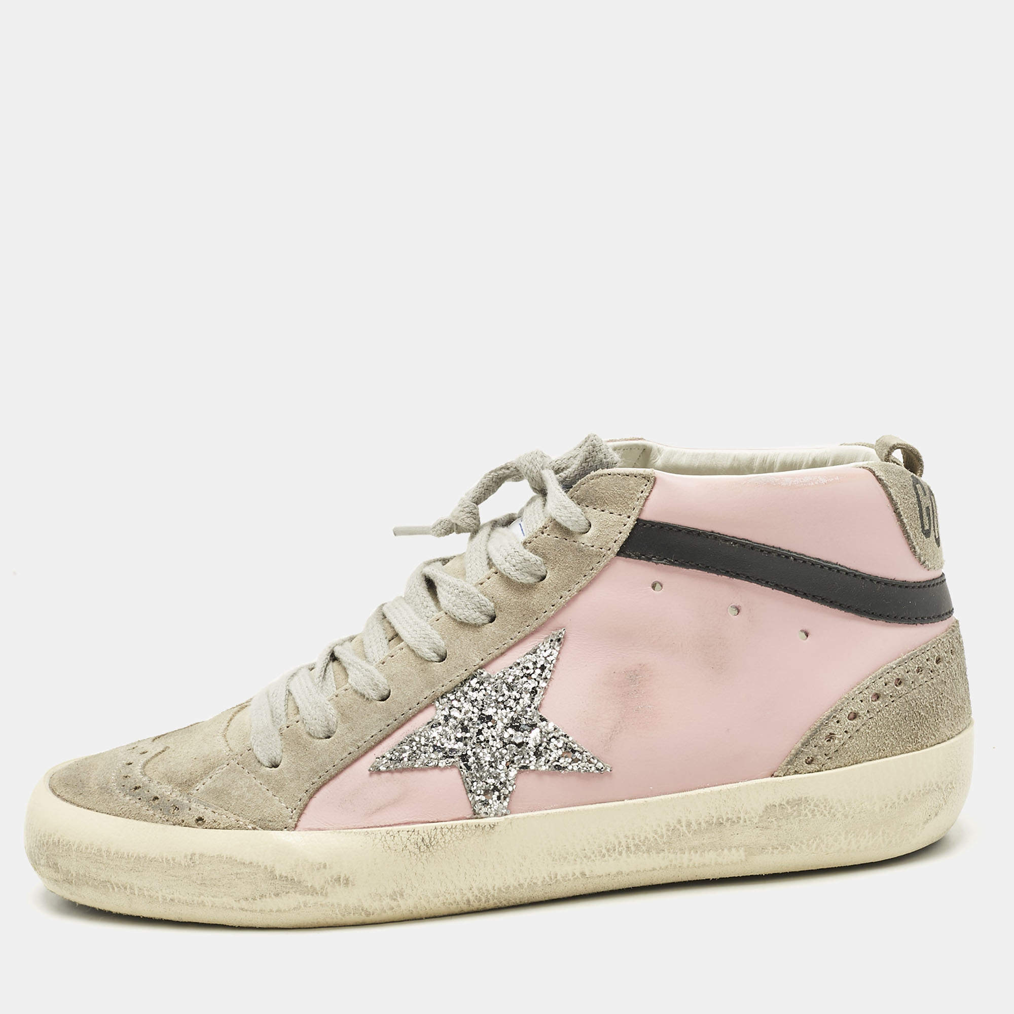 Pre Owned Golden Goose Grey/Pink Suede and Leather Mid Star Sneakers Size 37