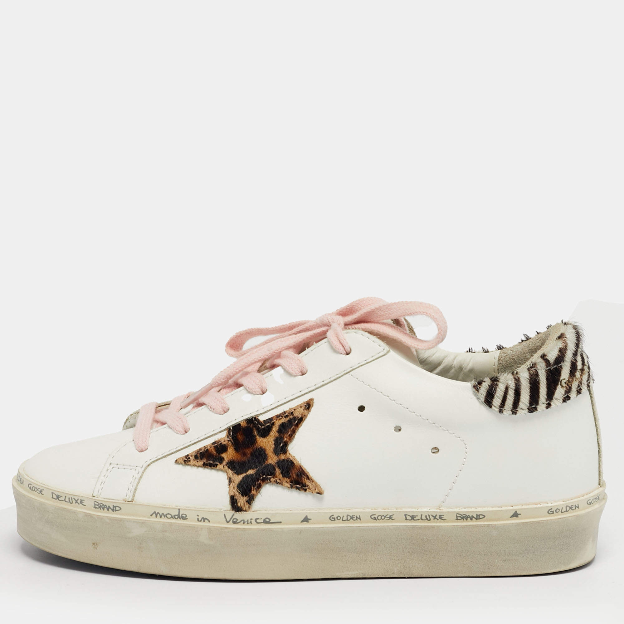 Pre Owned Golden Goose White Calf Hair and Leather Hi Star Lace Up Sneakers Size 35