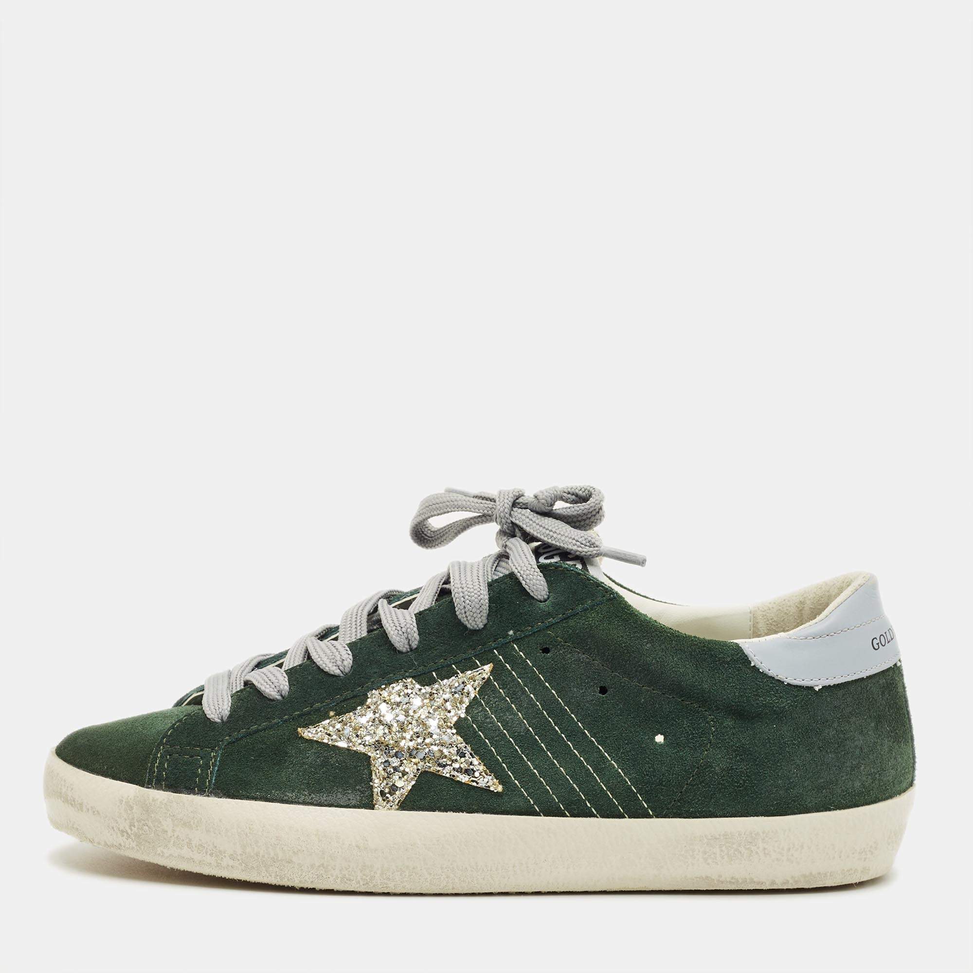 Pre Owned Golden Goose Superstar Size 38 Green Leather Lace Up Sneakers
