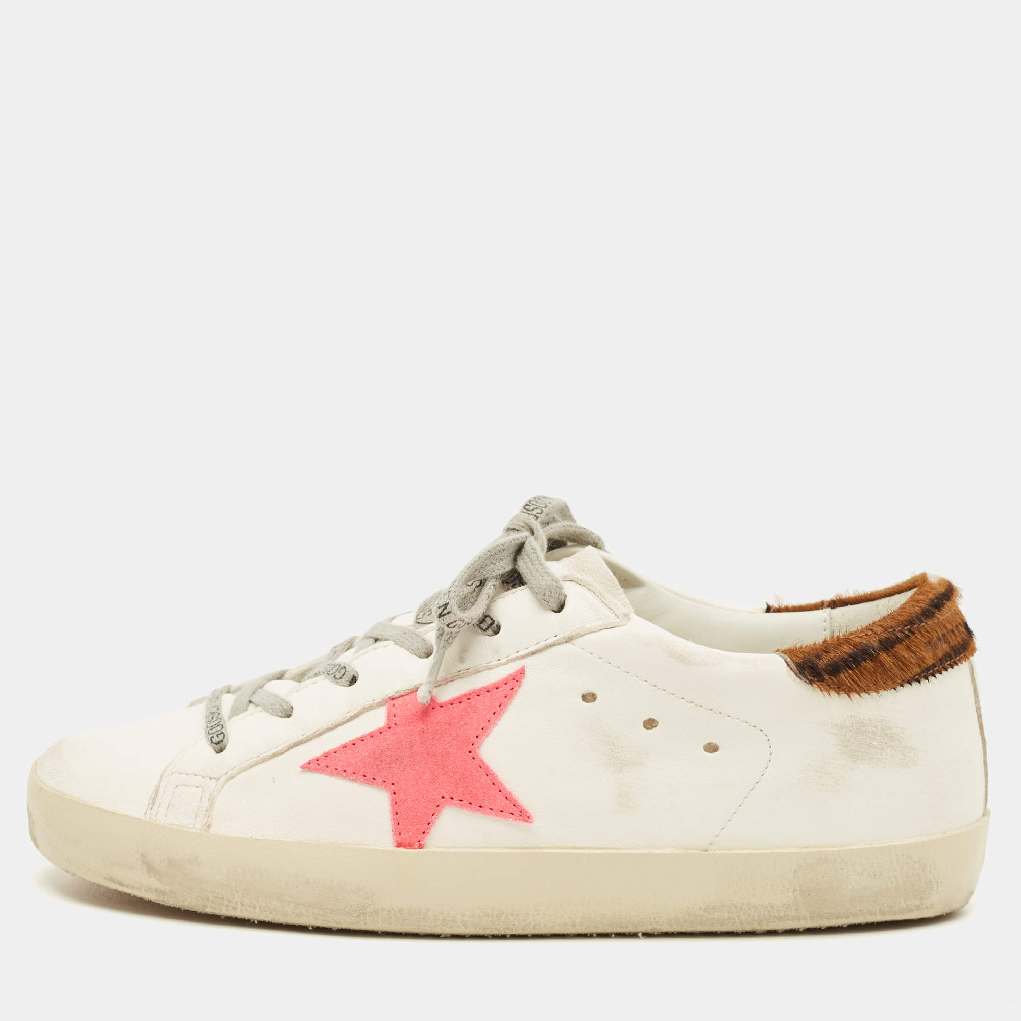 Pre Owned Golden Goose Superstar Size 38 White Calf Hair and Leather Lace Up Sneakers