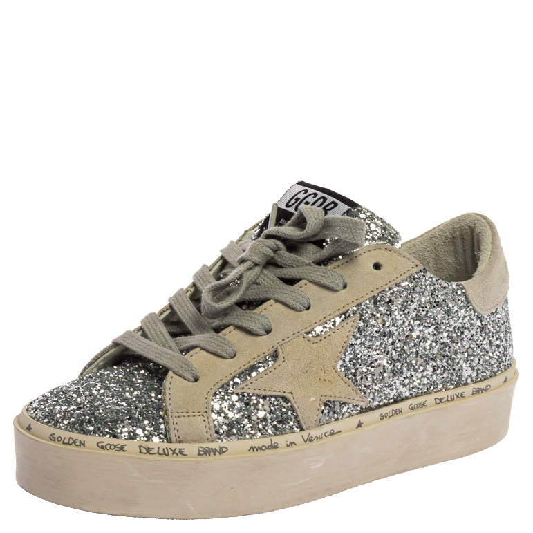 Pre Owned Golden Goose Silver Glitter And Suede Leather Superstar Low Top Sneakers Size 36