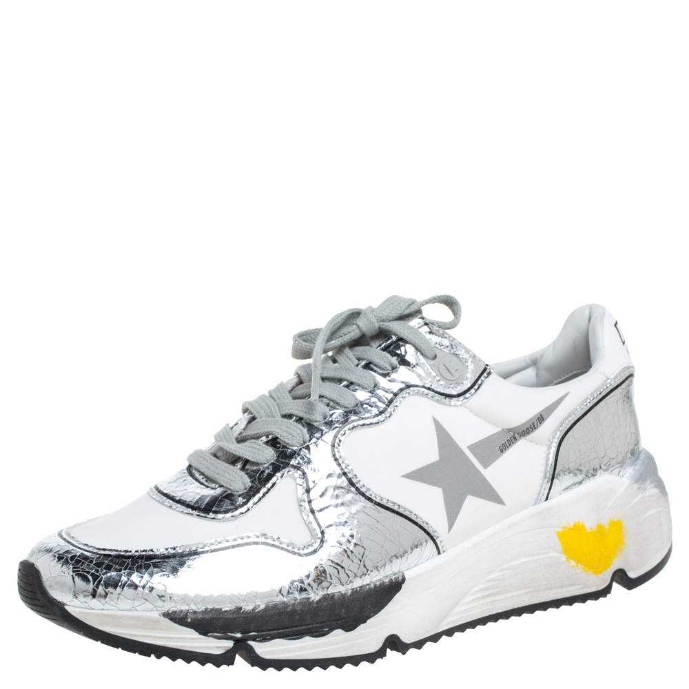 Pre Owned Golden Goose White/Silver Fabric And Leather Lace Up Sneakers Size 40