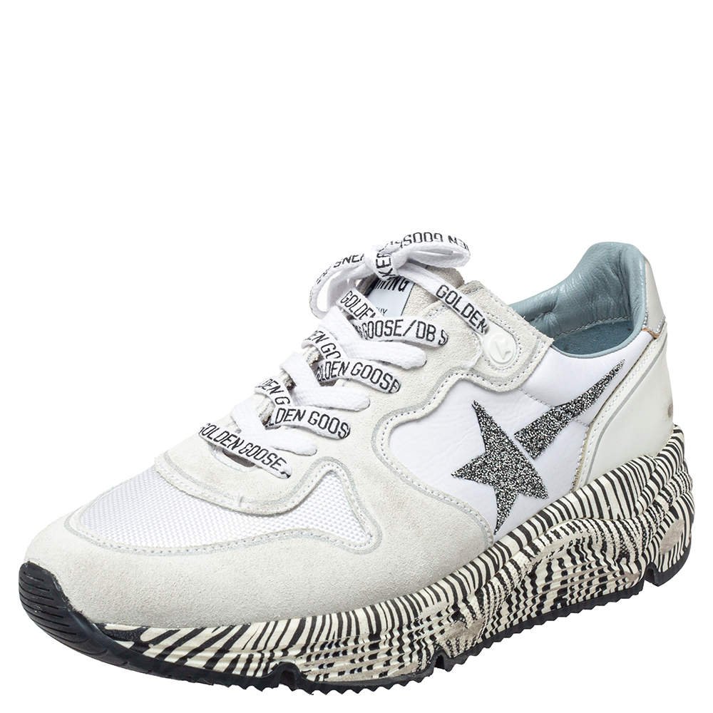 Pre Owned Golden Goose White Leather And Mesh Running Sole Crystal Star Zebra Print Sole Low Top Sneakers Size 38