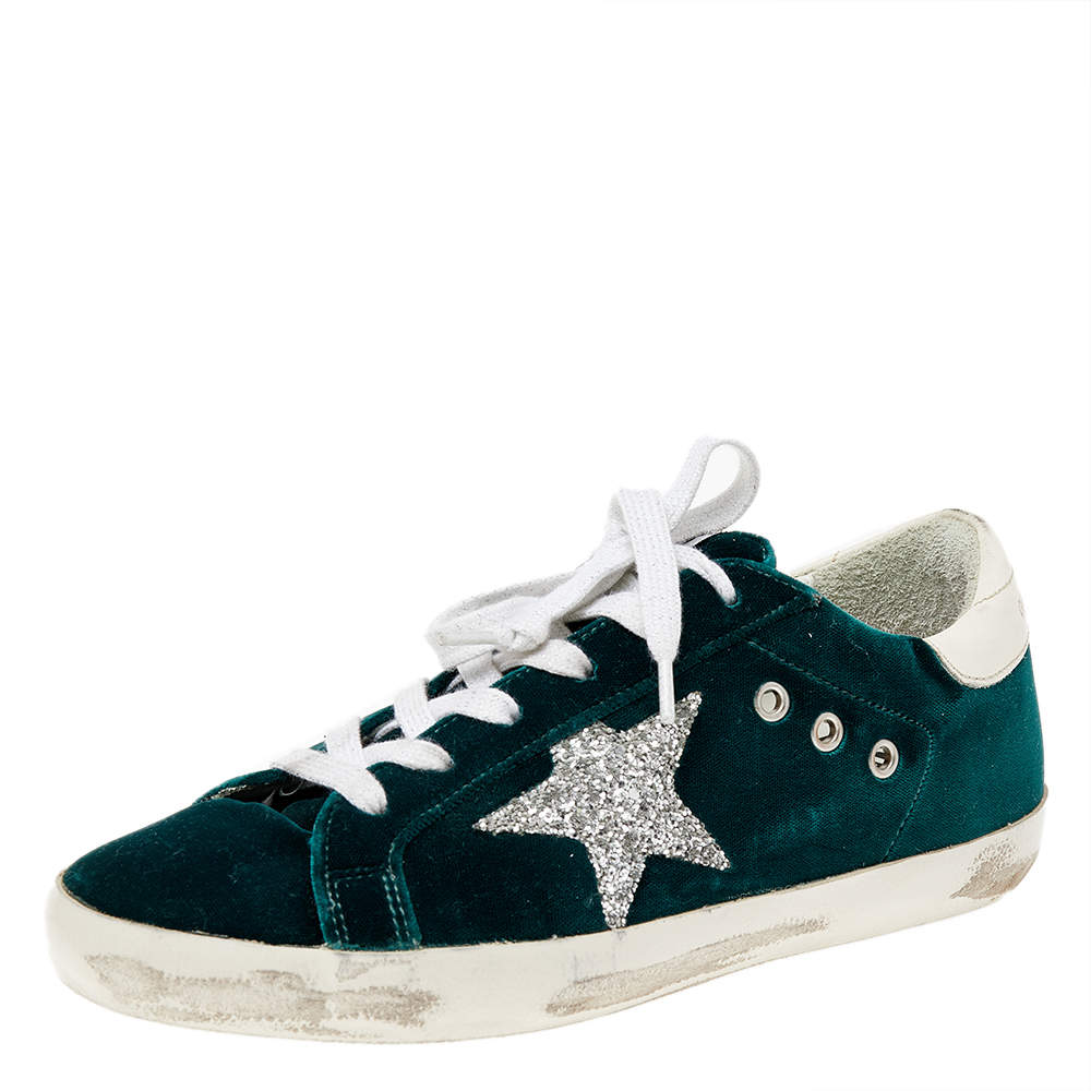 Pre Owned Golden Goose Green/White Velvet And Leather SuperStar Low Top Sneakers Size 38