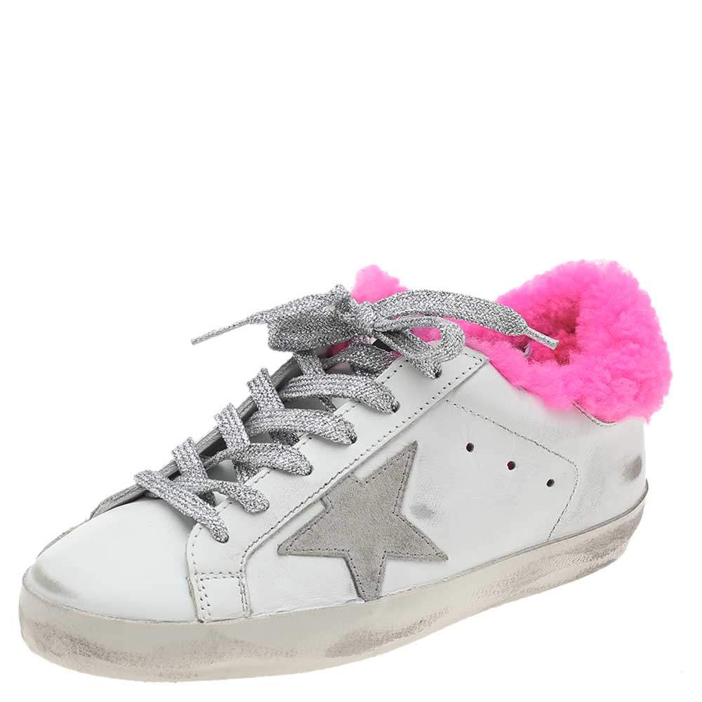 Pre Owned Golden Goose White/Pink Leather And Fur Super Star Low Top Sneakers Size 35