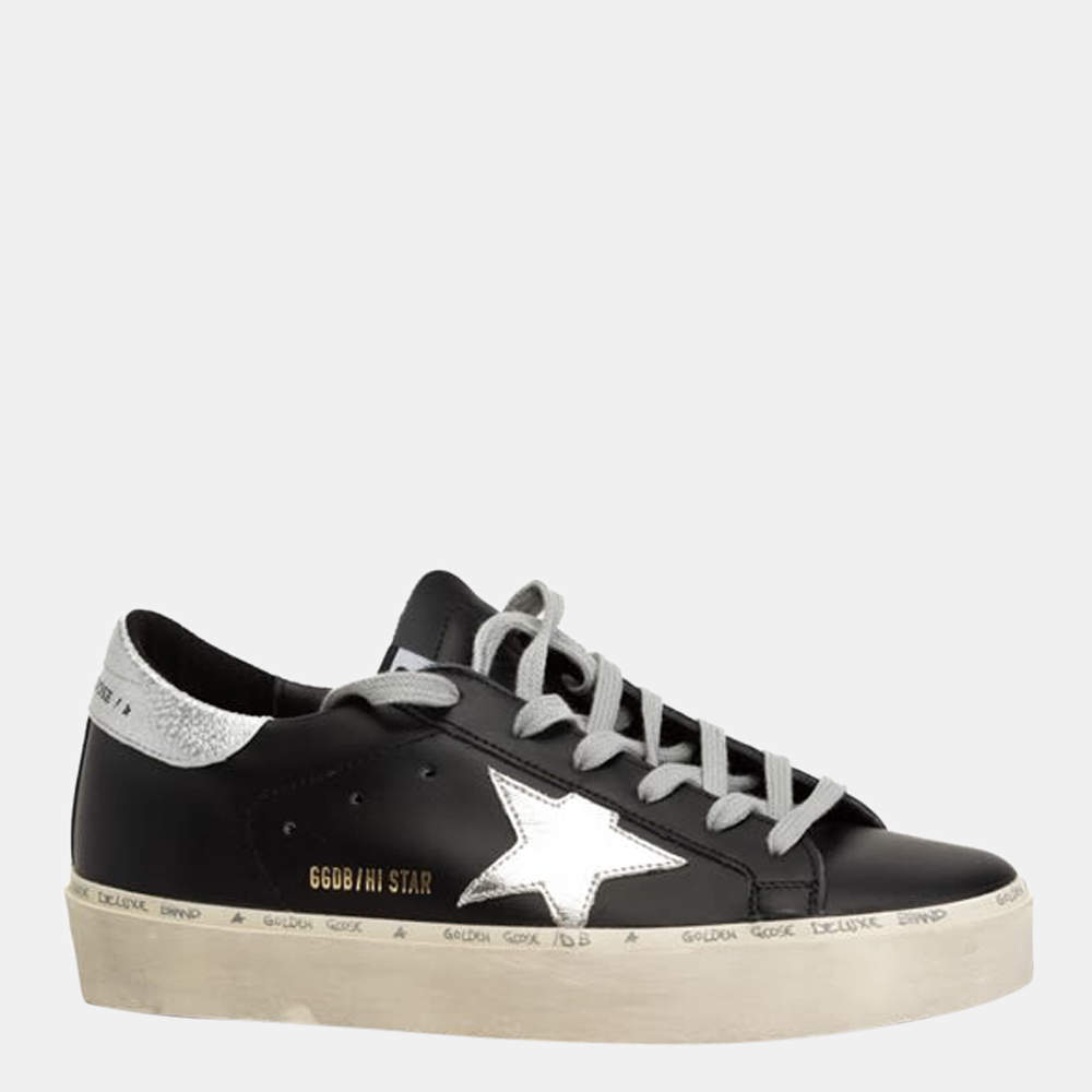Pre Owned Golden Goose Black/Silver leather silver laminated star Hi Star Sneaker Size EU 39