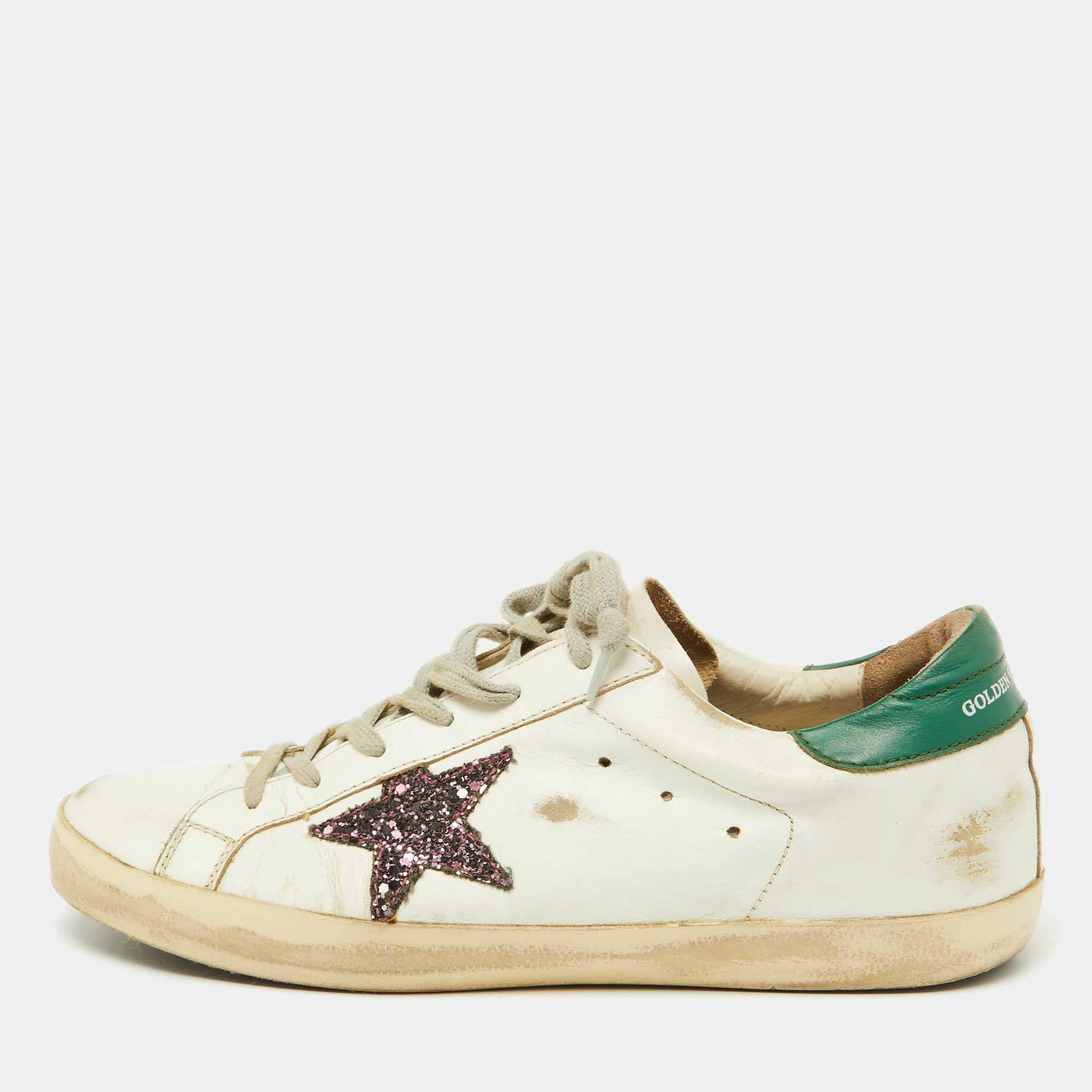 Pre Owned Golden Goose Green/White Leather Superstar Low Top Sneakers Size 41 