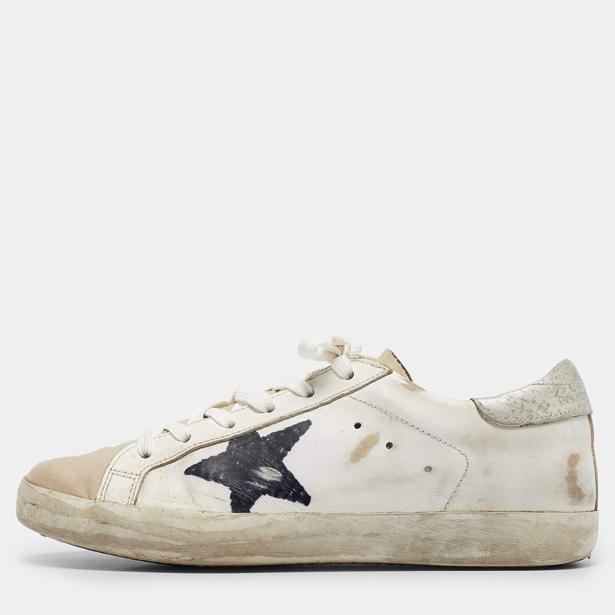 Pre Owned Golden Goose White Leather and Nubuck Superstar Sneakers Size 39