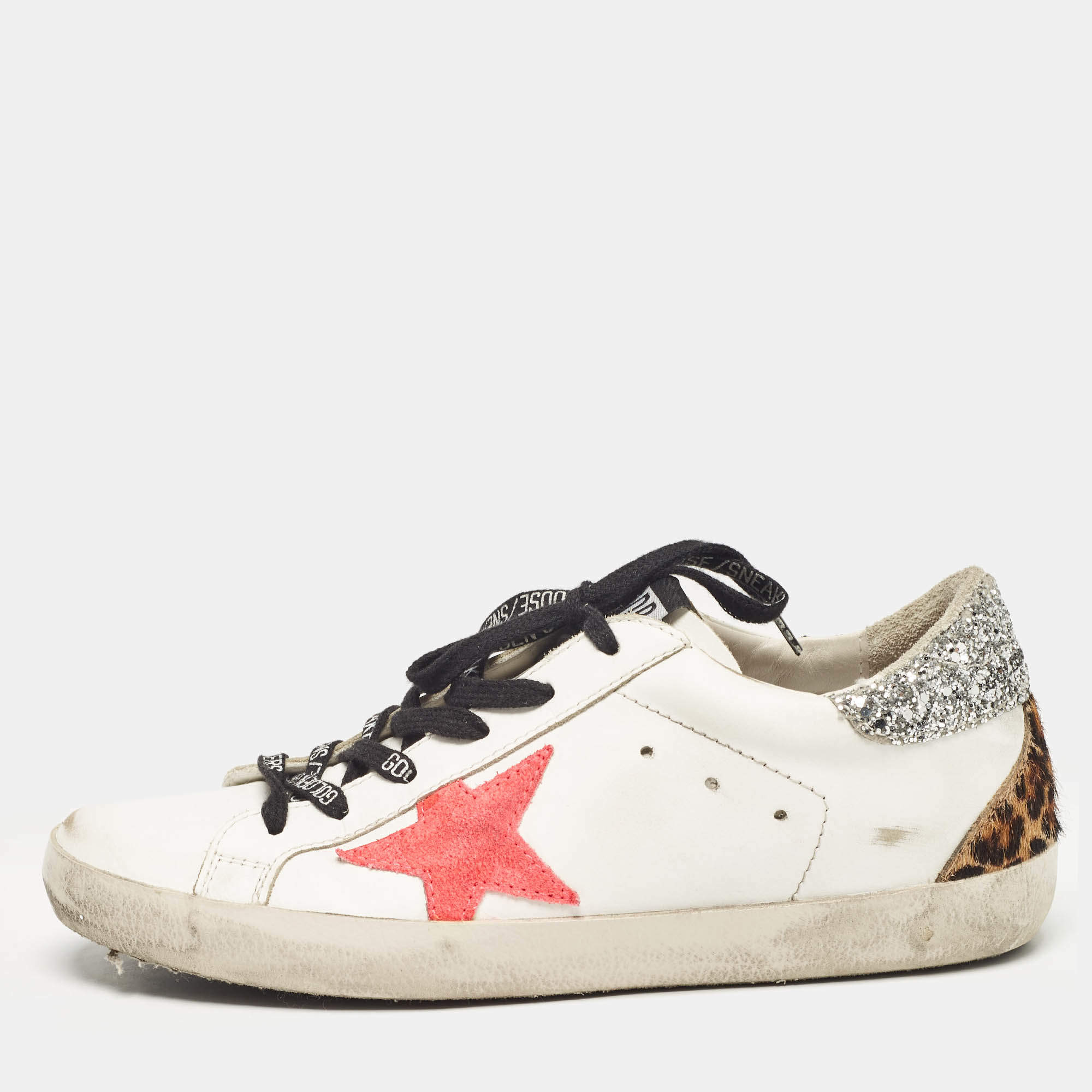 Pre Owned Golden Goose White Glitter and Leather Super Star Low Top Sneakers Size 38