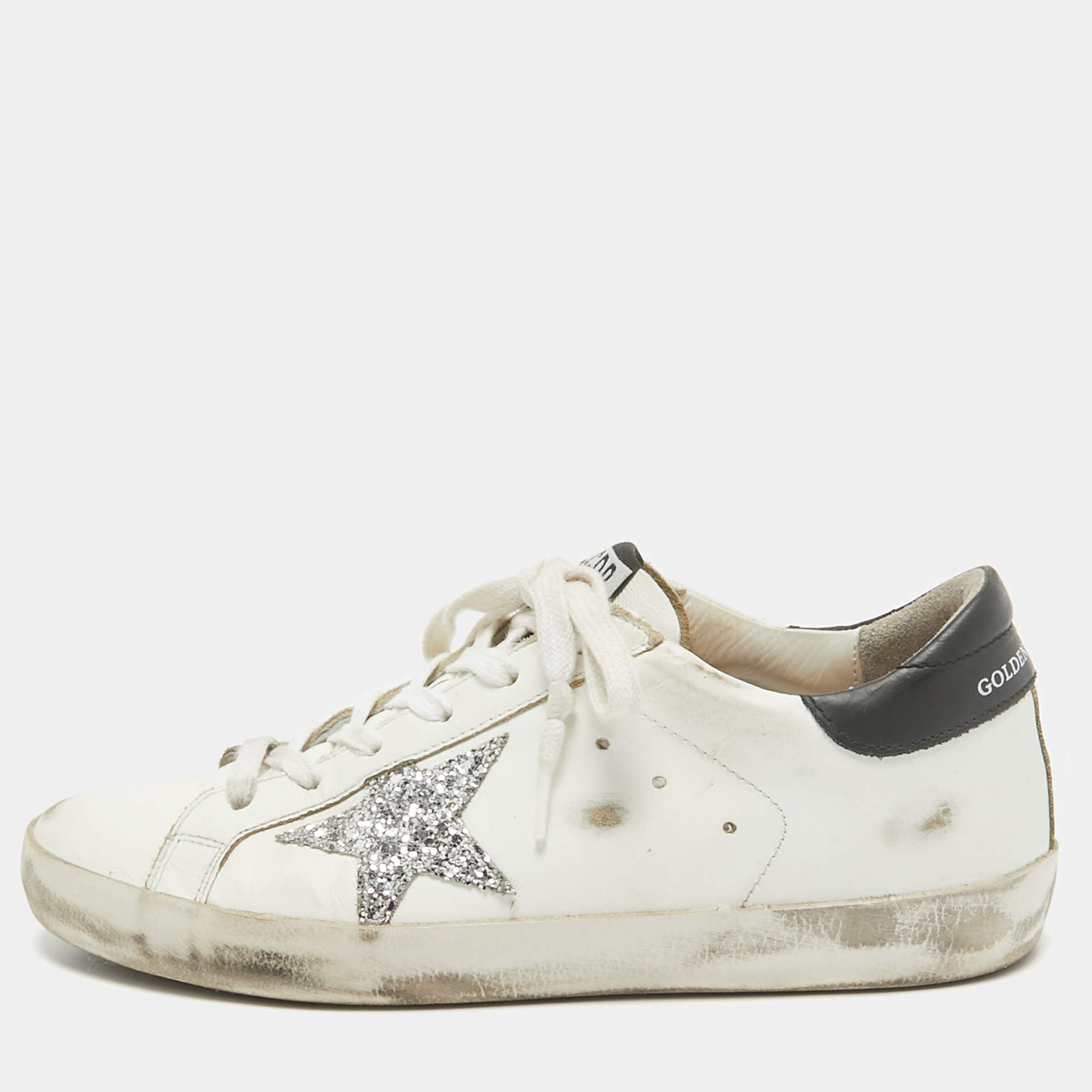 Pre Owned Golden Goose White Leather Superstar Lace Up Sneakers Size 37