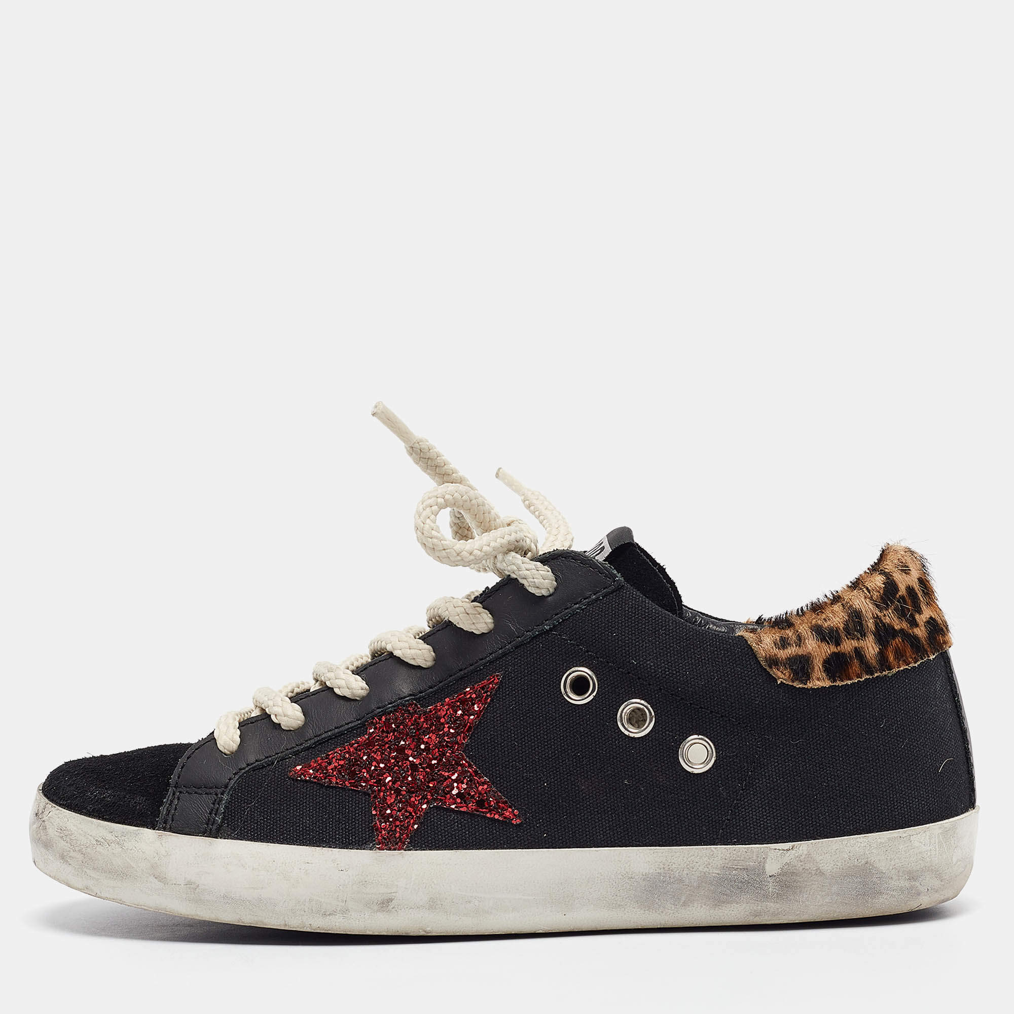 Golden Goose Black Calf Hair and Canvas Super Star Lace Up Sneakers Size 37
