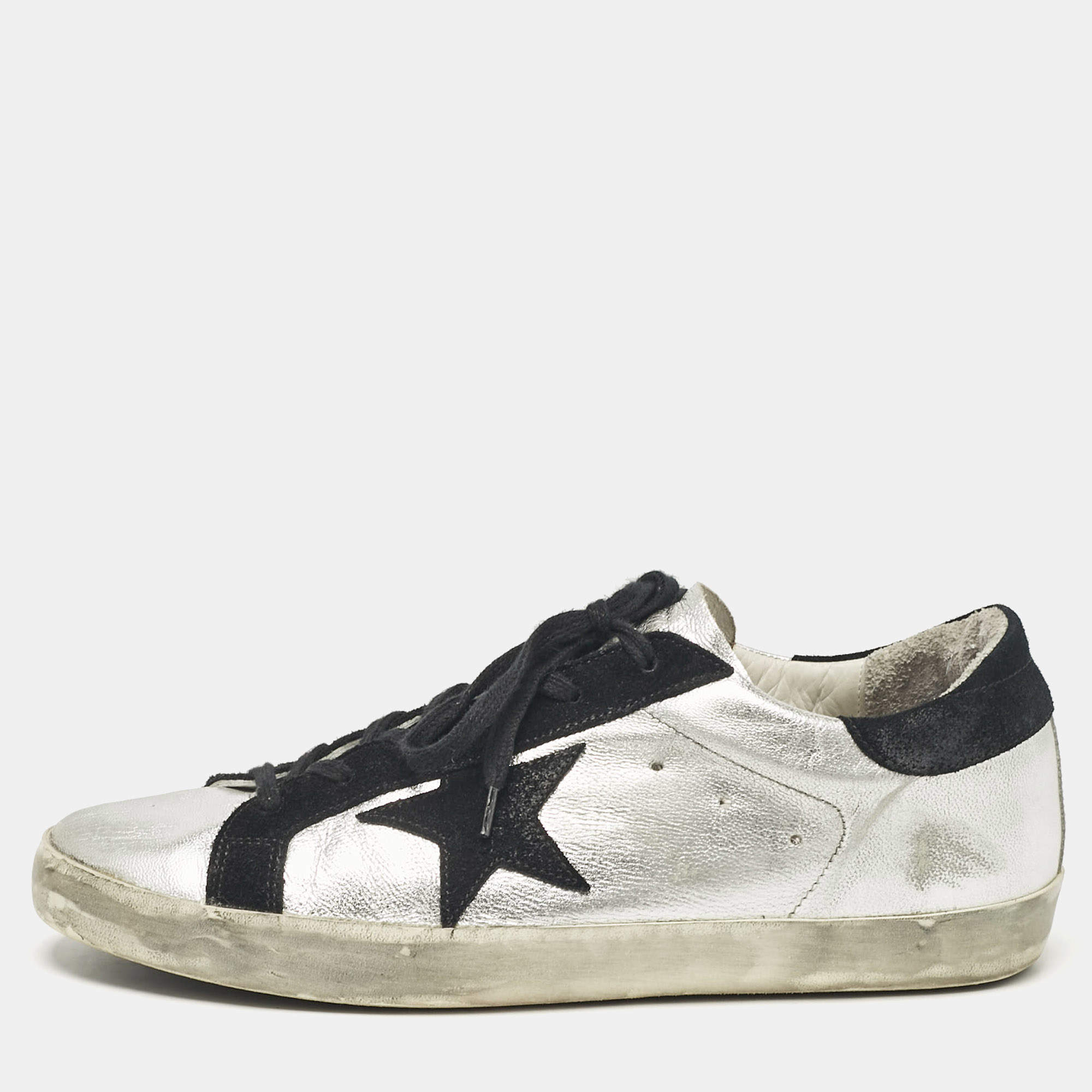 Pre Owned Golden Goose Silver/Black Leather and Suede Superstar Lace Up Sneakers Size 40