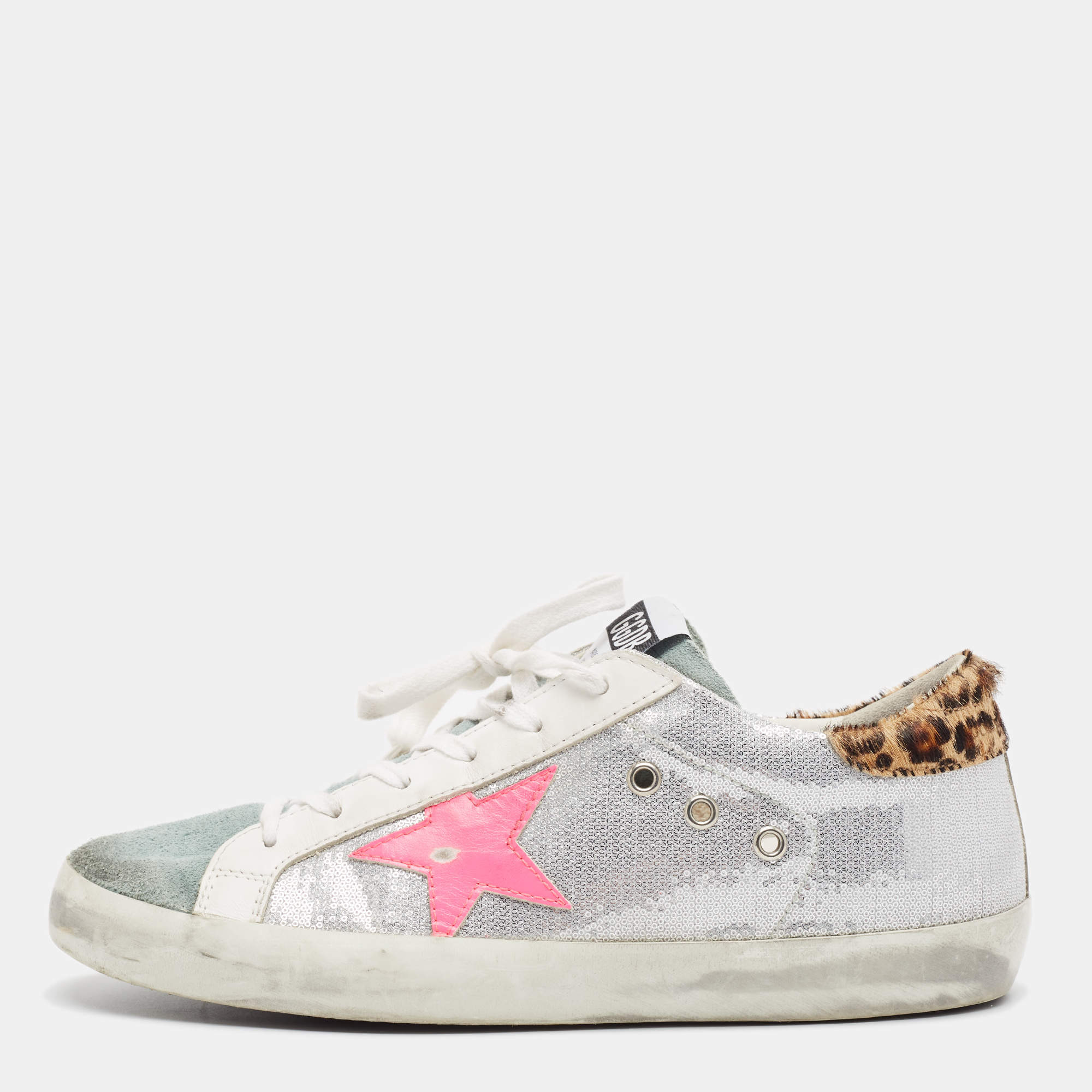 Pre Owned Golden Goose White/Grey Leather and Sequins Superstar Low Top Sneakers Size 41