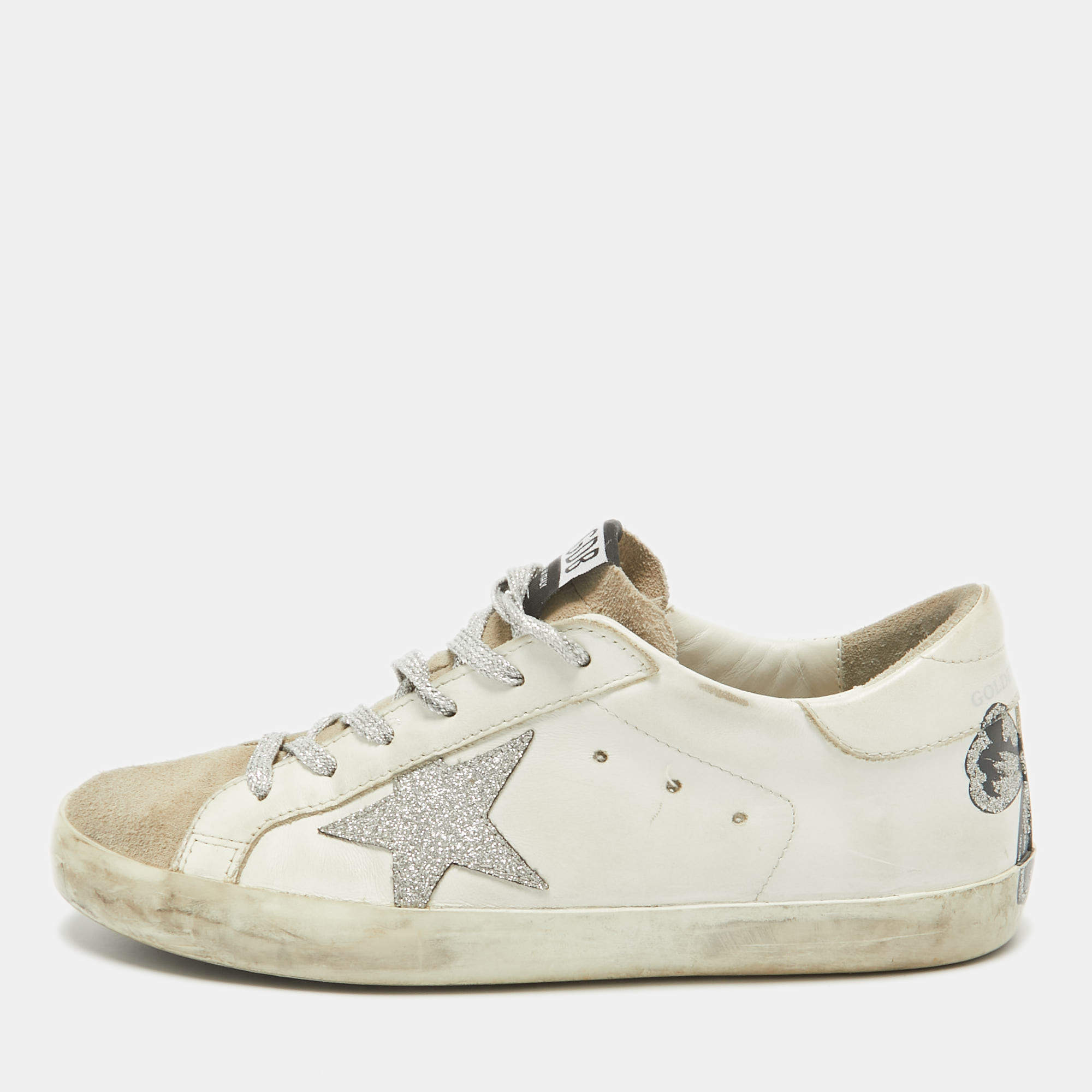 Golden Goose White Leather and Suede Superstar Lace Up Sneakers Size 38