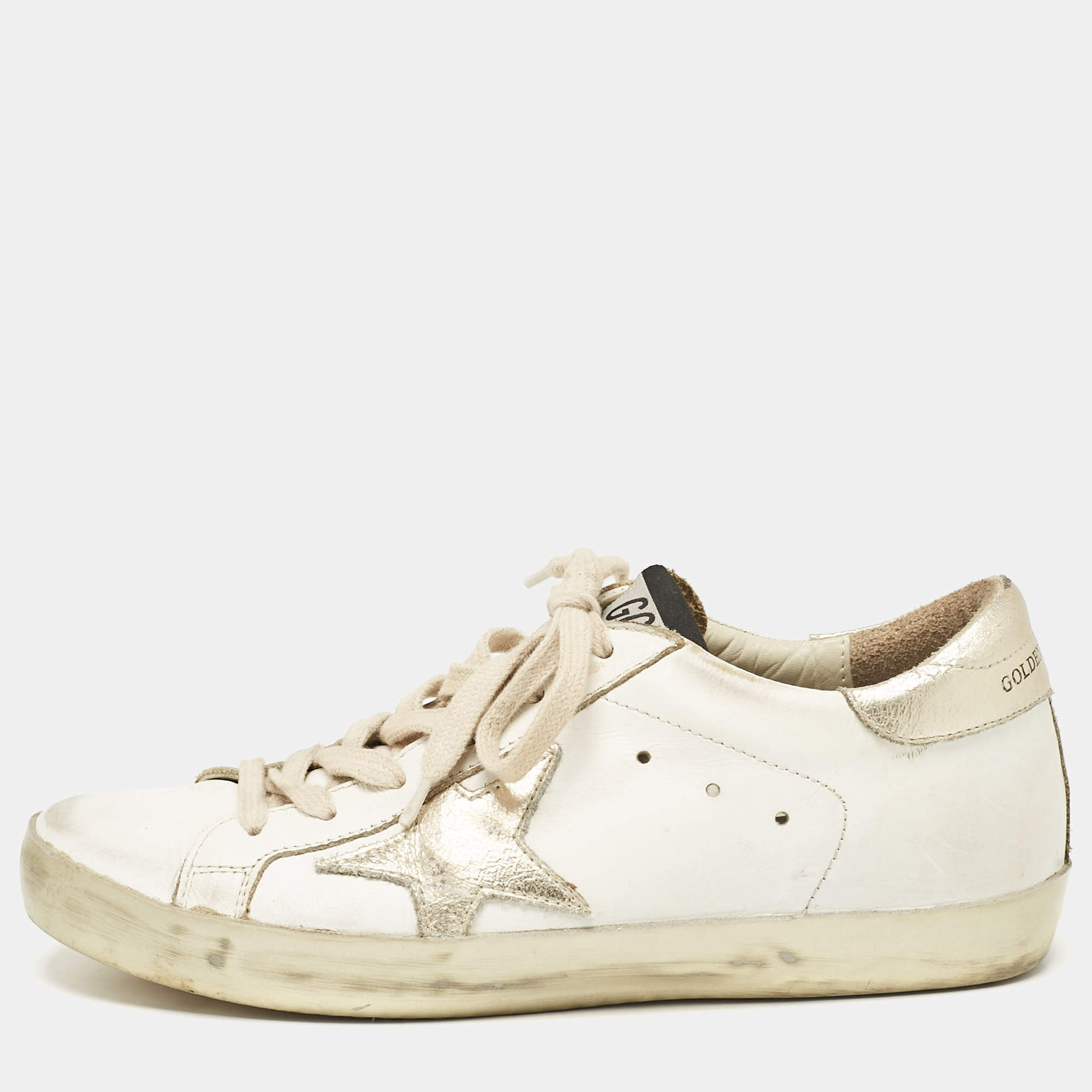Pre Owned Golden Goose White/Gold Leather Superstar Sneakers Size 37