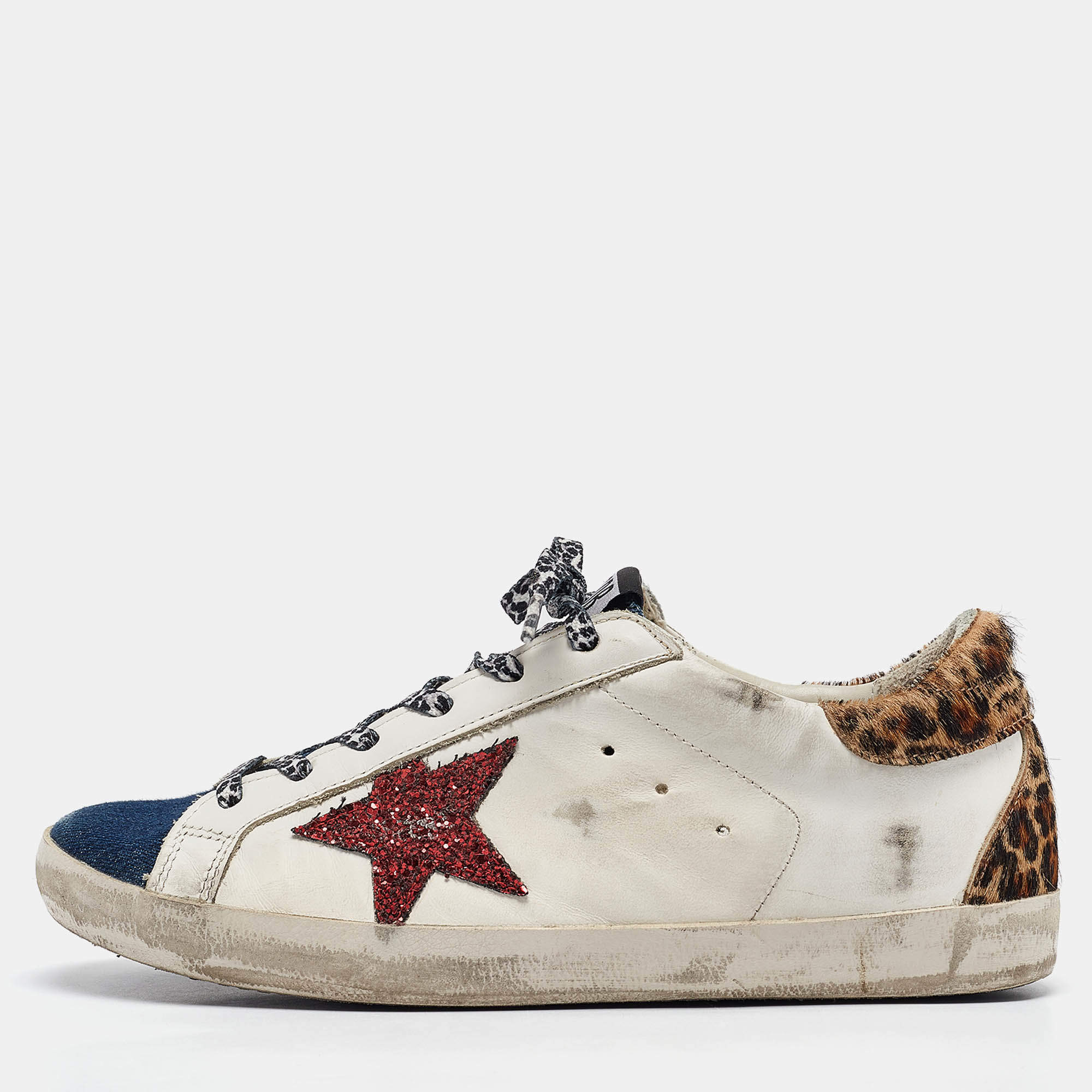 Pre Owned Golden Goose Multicolor Calf Leather and Denim Super Star Lace Up Sneakers Size 39