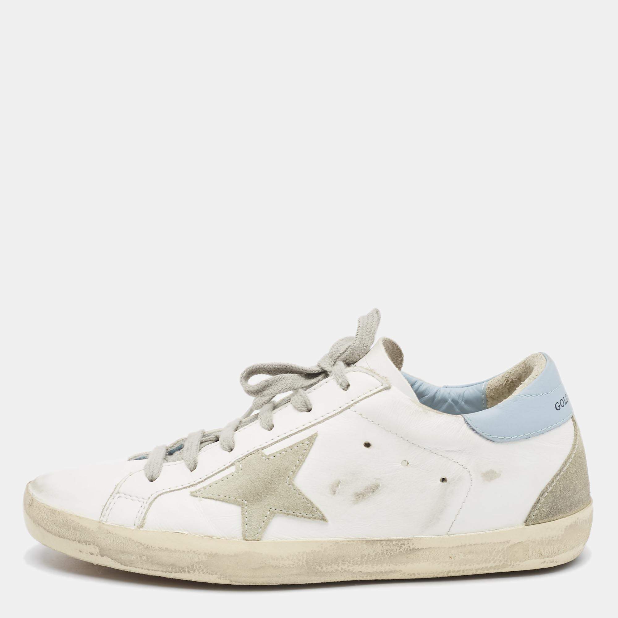 Pre Owned Golden Goose White/Blue Leather Super Star Sneakers Size 39