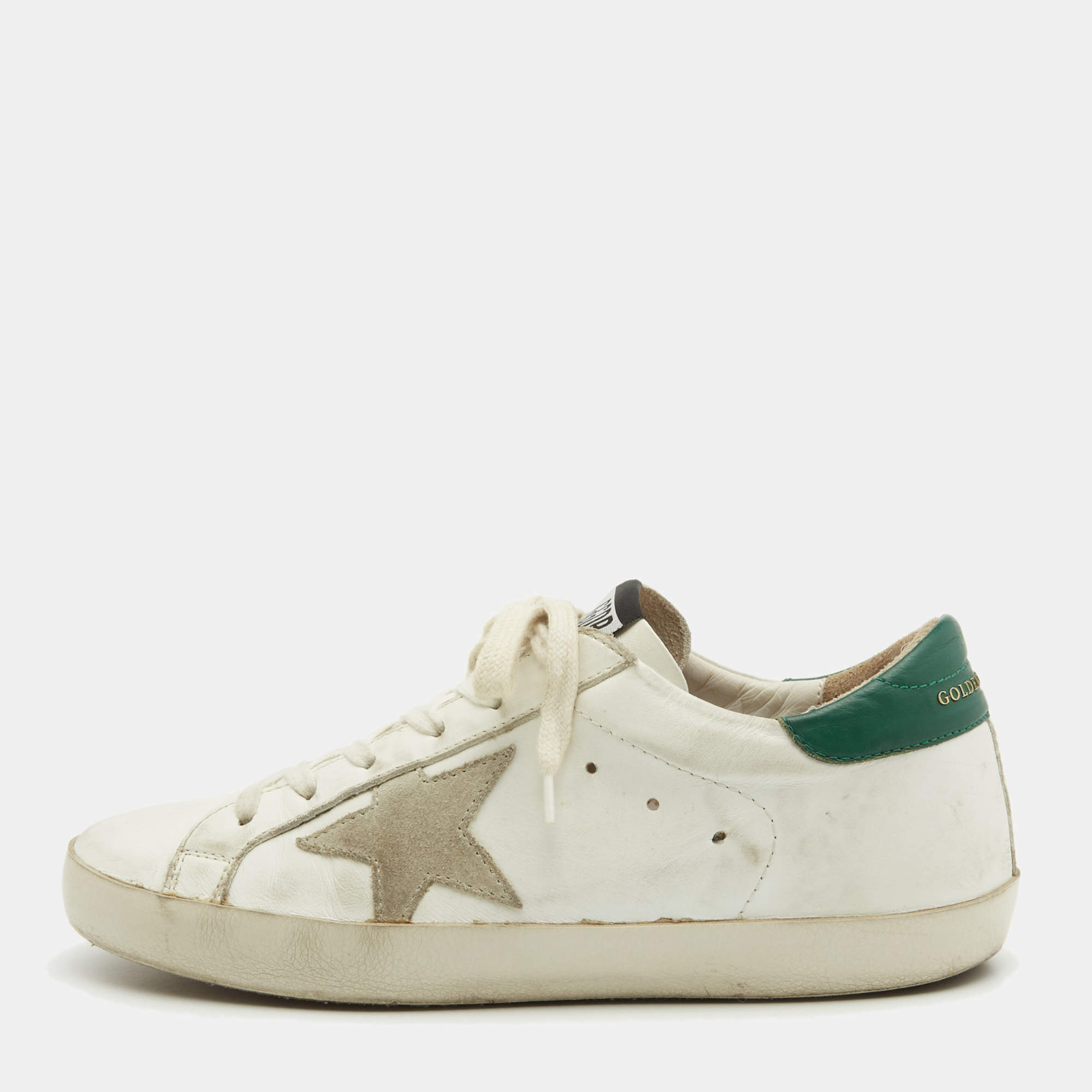 Pre Owned Golden Goose White/Green Leather Super Star Lace Up Sneakers Size 38