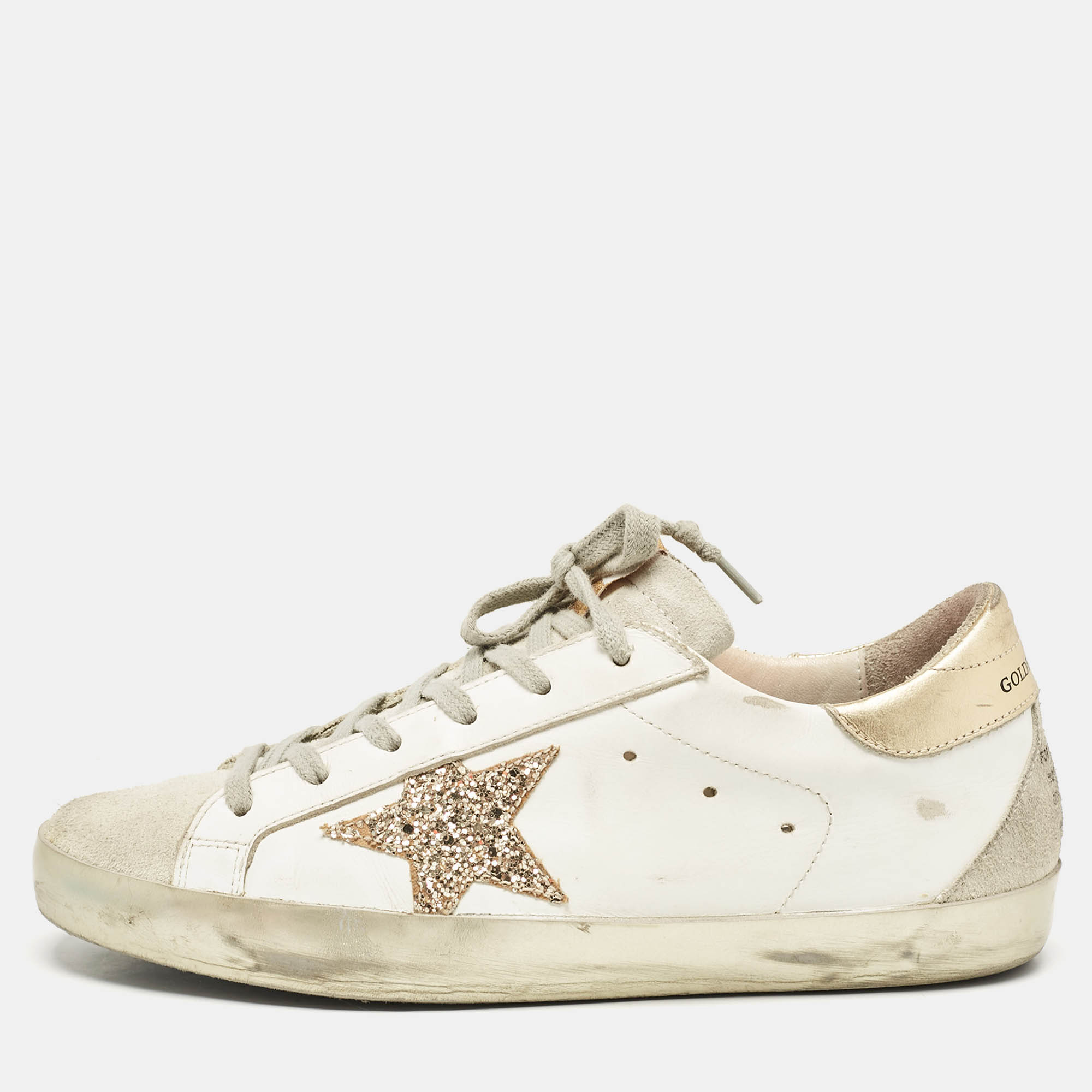 Golden Goose White/Grey Leather and Suede Hi Star Low Top Sneakers Size 39